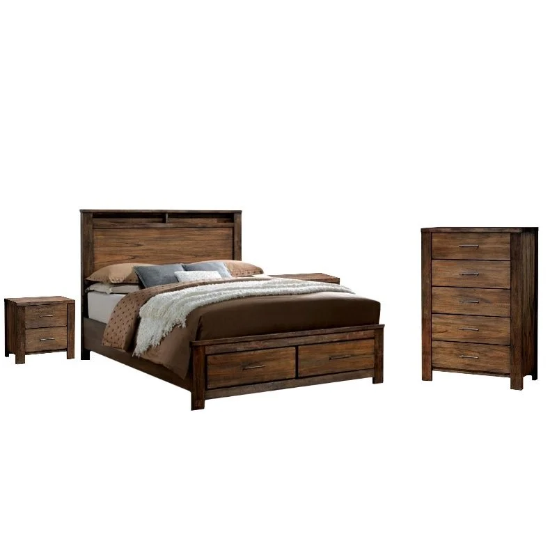 Nangetti Modern 4 Piece Wood Queen Bed with 2 Nightstand and Chest Set in Oak