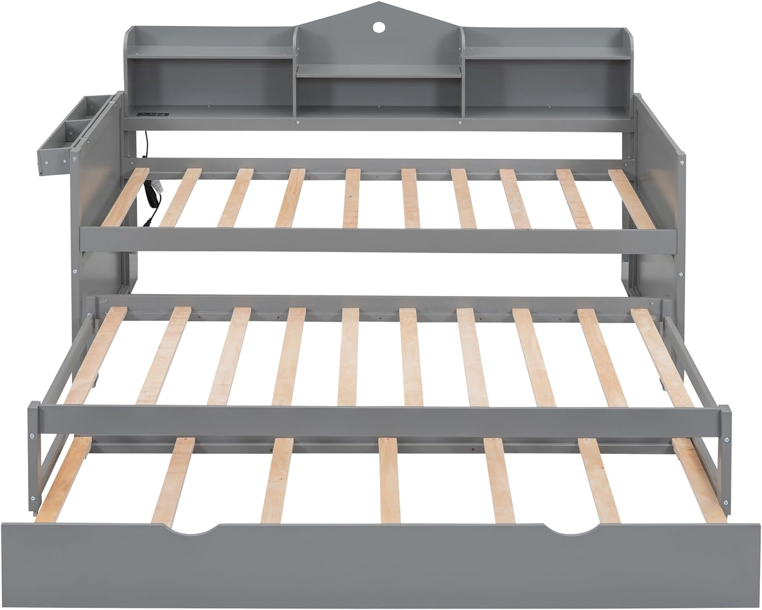 Twin XL Wooden Daybed Bed Frame for Boys Girls Kids Adults Toddler with 2 Twin Trundles and Storage Shelf, Daybed with USB Charging Ports, No Box-Spring Needed, Gray