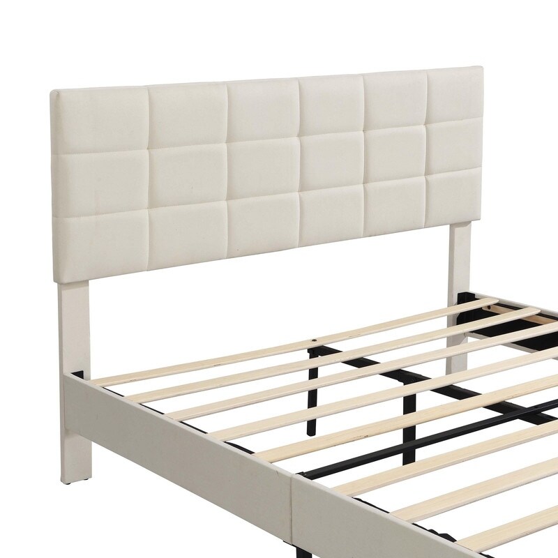 Full/Queen Size Platform Bed Frame with Fabric Upholstered Headboard and Wooden Slats Queen