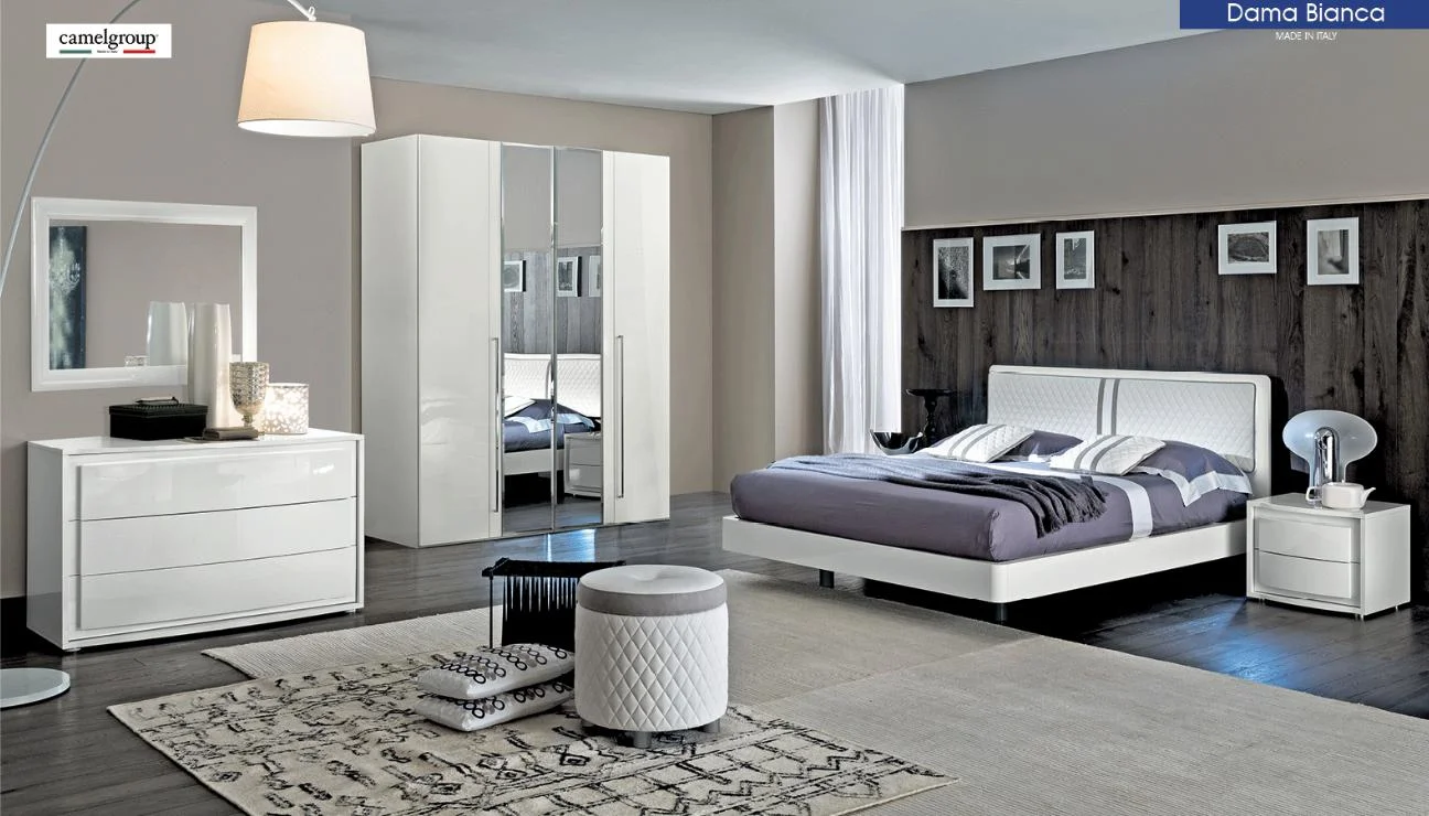 Glossy White Leather Queen Bedroom Set 5 Modern Made In Italy ESF Dama Bianca