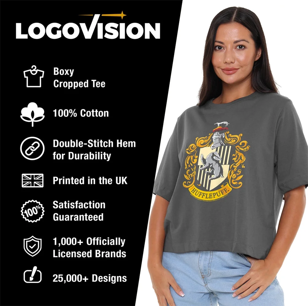 Harry Potter HP Hufflepuff Crest Women's Boxy Cropped T Shirt