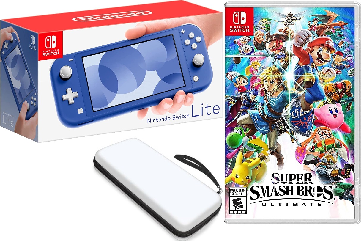 Nintendo Switch Lite Blue, Mario Super Smash Bros Game + Carrying Case Bundle