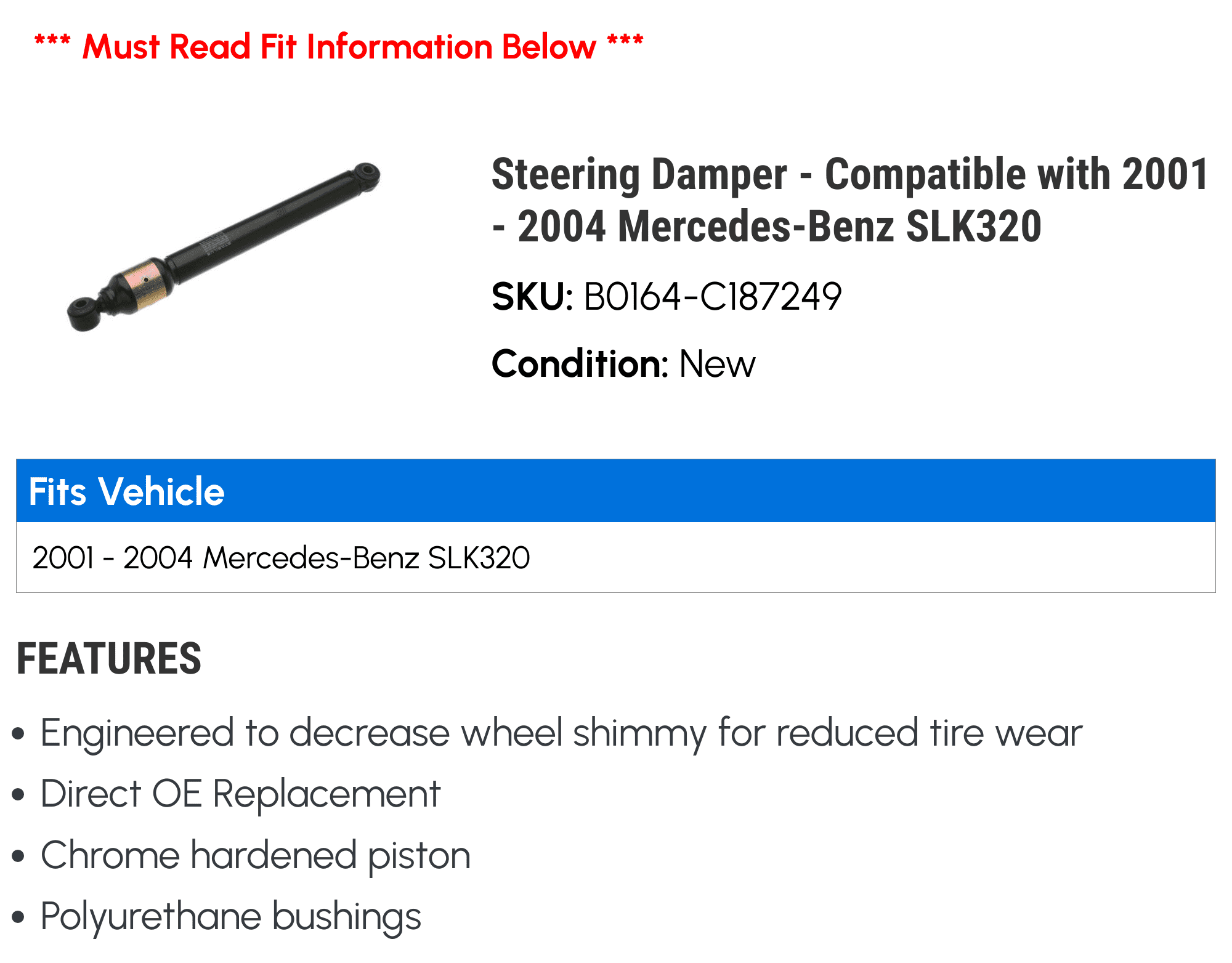 Steering Damper - Compatible with 2001 - 2004 Mercedes-Benz SLK320 2002 2003