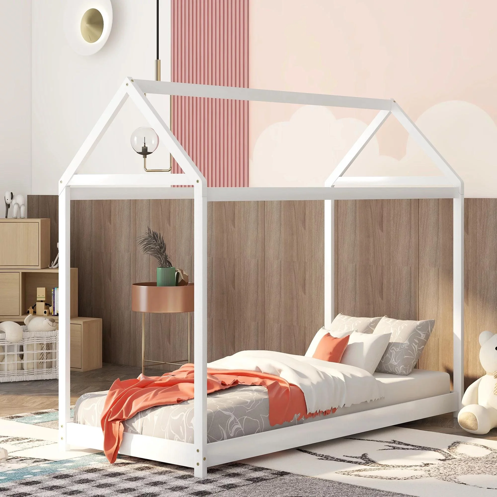 Gewnee Wood Twin Size Kids House Bed Frame,Montessori Floor Bed for Toddler,White