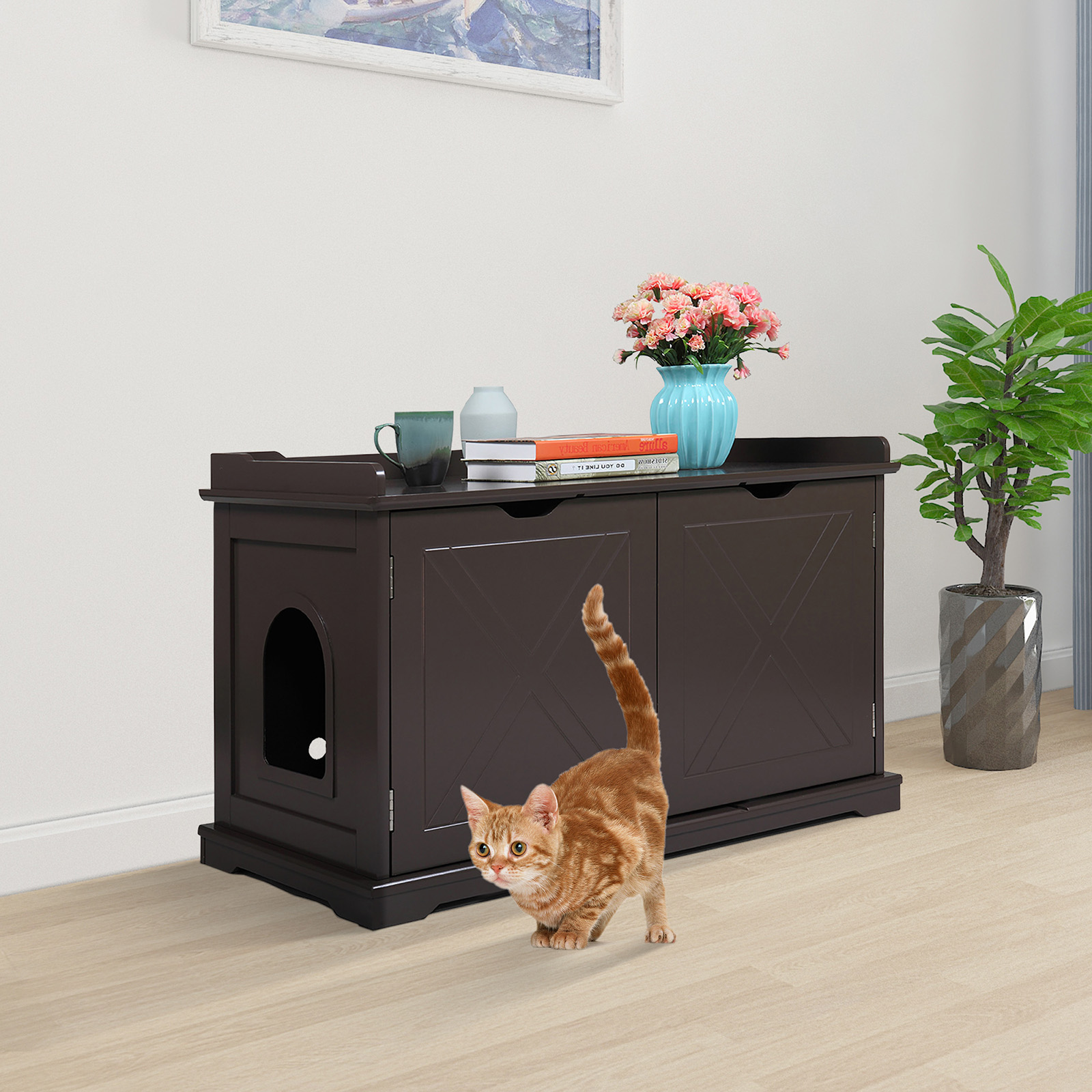 Dcenta Cat Washroom Bench, Wood Litter Box Cover with Spacious Inner, Ventilated Holes, Removable Partition, Easy Access,Chocolate Brown
