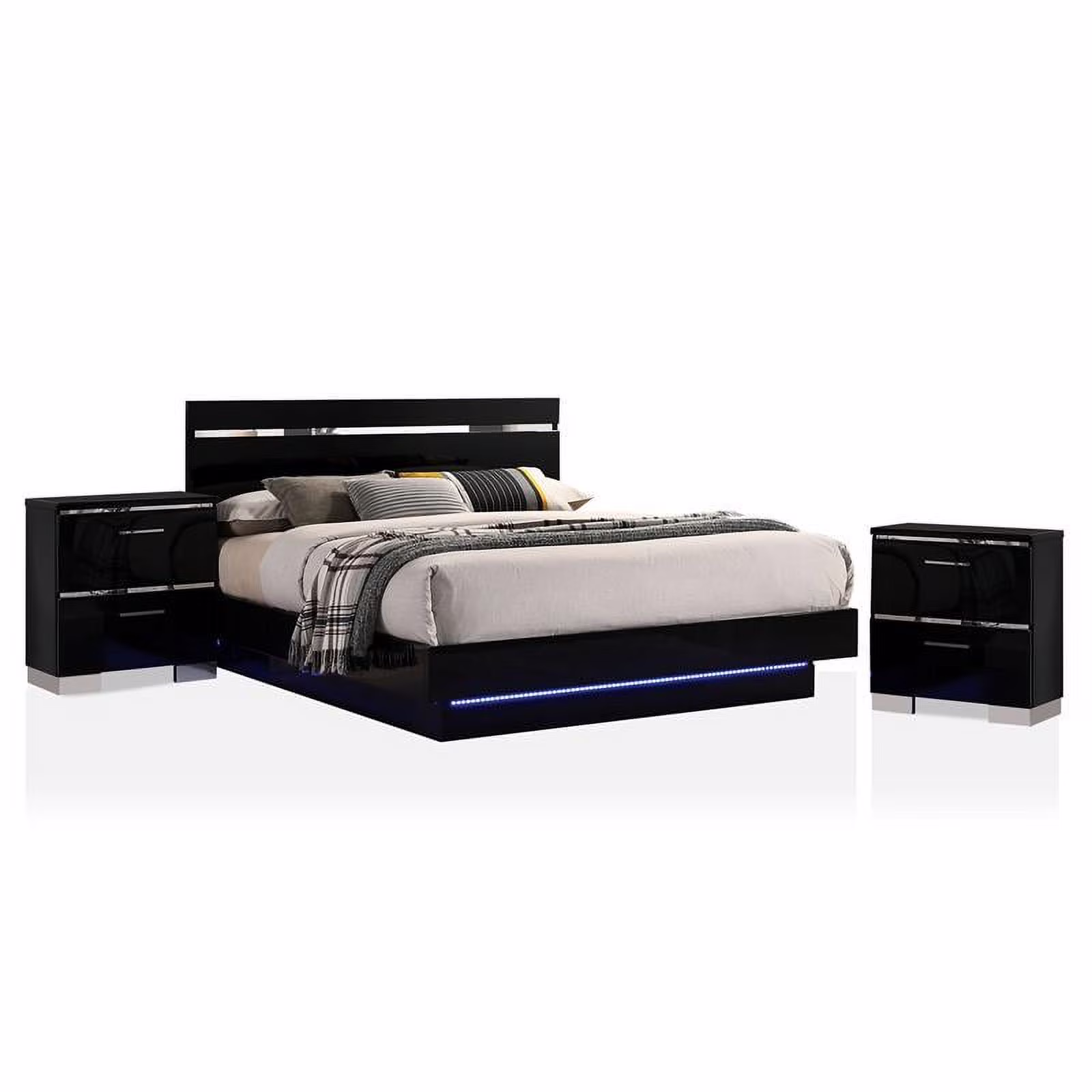 Furniture of America Malva 3pc Black Wood Bedroom Set-Queen + 2 Nightstands