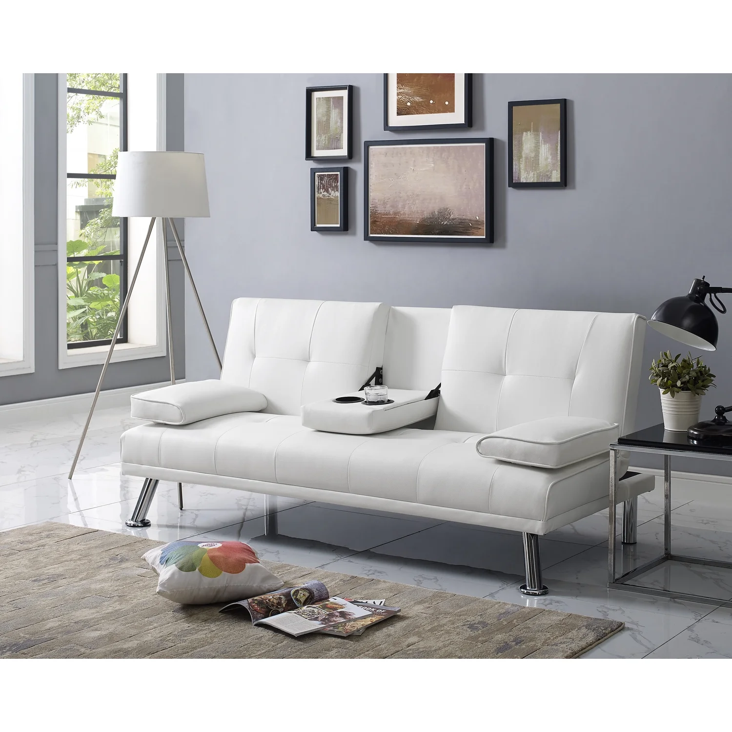 White Convertible Futon Sofa, Modern Reclining Black Sleeper Sofa, Faux Leather Futon Sofa Bed with Armrest and Cupholders