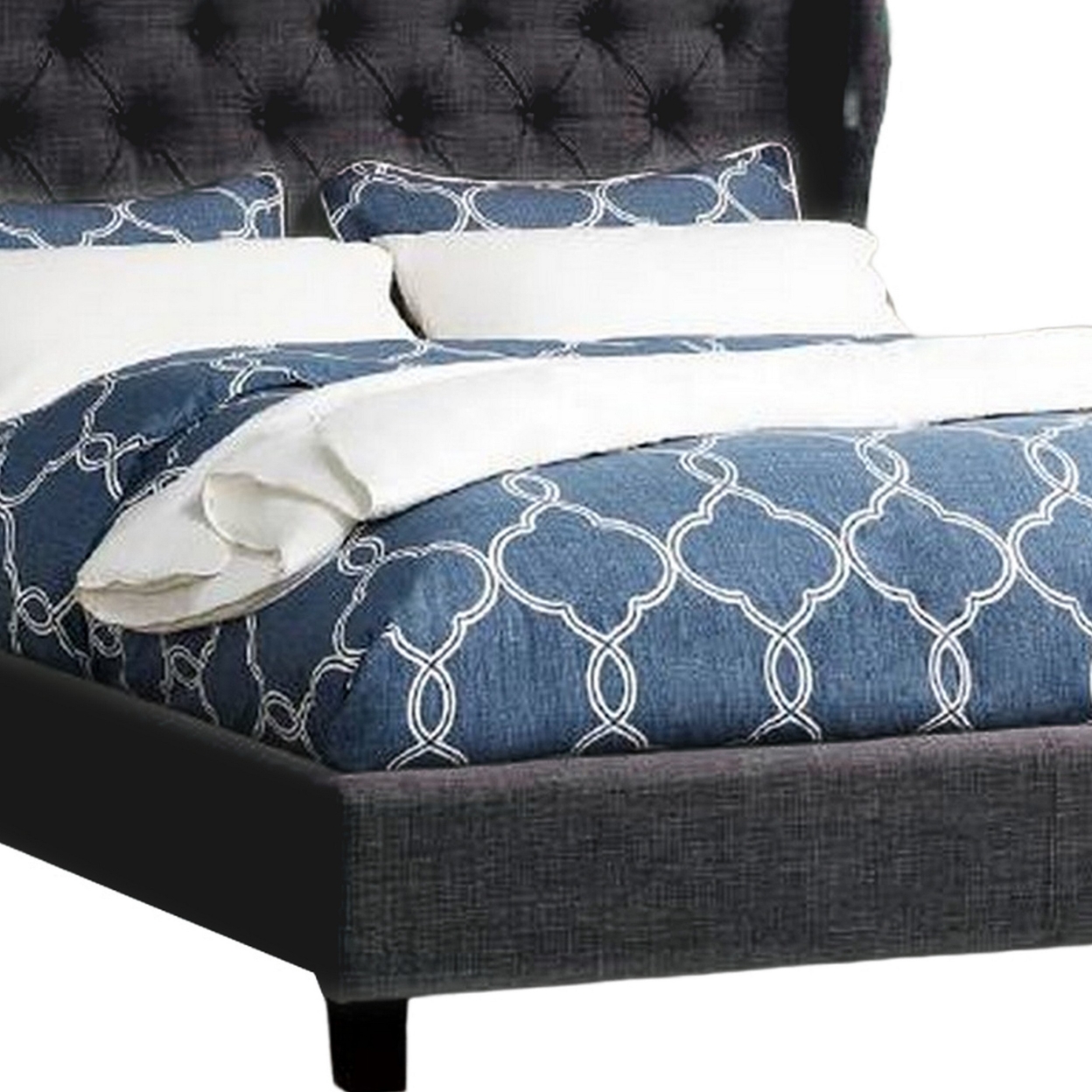 Jimi Queen Bed Button Tufted Charcoal Gray Polyester Upholstered Headboard- Saltoro Sherpi