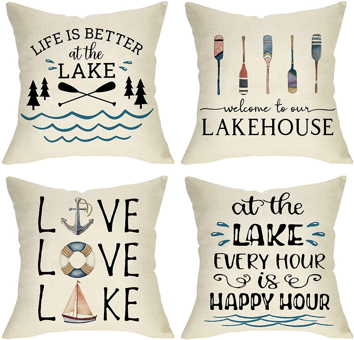 Life is Better at the Lake House Decorative Throw Pillow Cover Set of 4, Farmhouse Paddles Anchor Lakehouse Cushion Case, Lakehouse Rustic Spring Summer Home Decoration Pillowcase Decors 16x16
