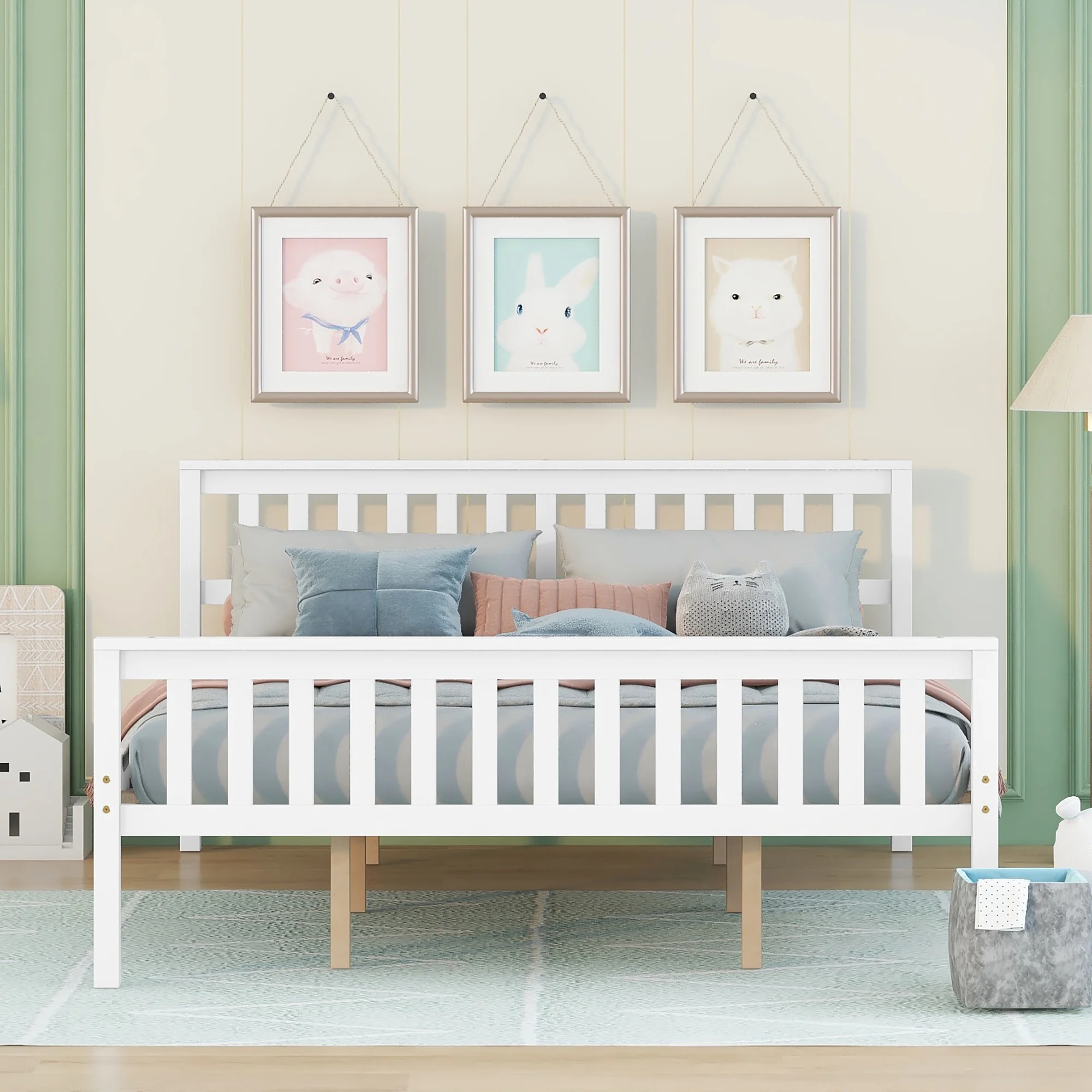 BTMWAY Queen Platform Bed Frame, Wood Queen Size Bed Frame with Headboard, Modern Queen Bed Frame No Box Spring Needed with Wood Slats, Bedroom Furniture Bed Frame Queen Size for Kids Adults, White