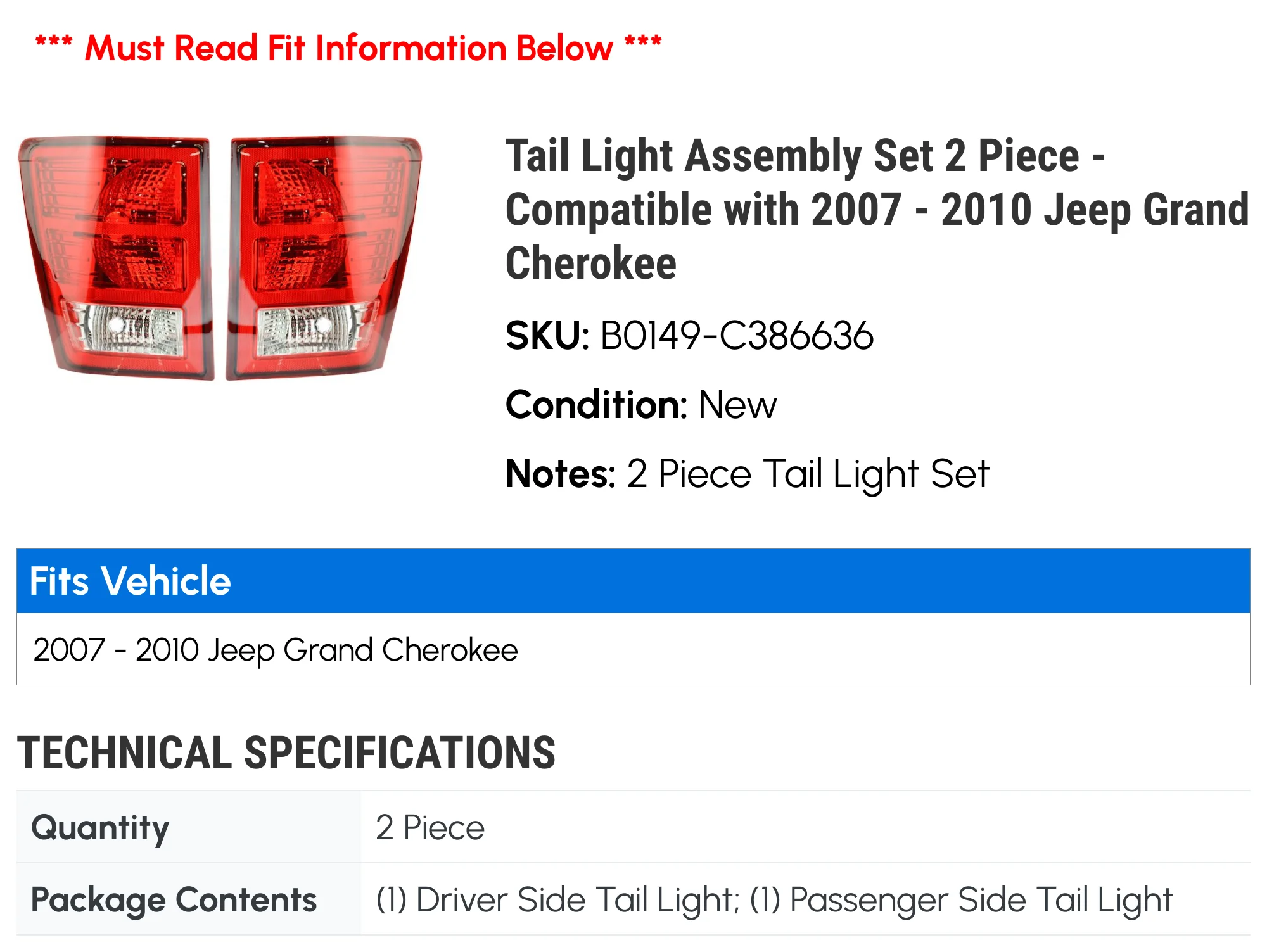 Tail Light Assembly Set 2 Piece - Compatible with 2007 - 2010 Jeep Grand Cherokee 2008 2009