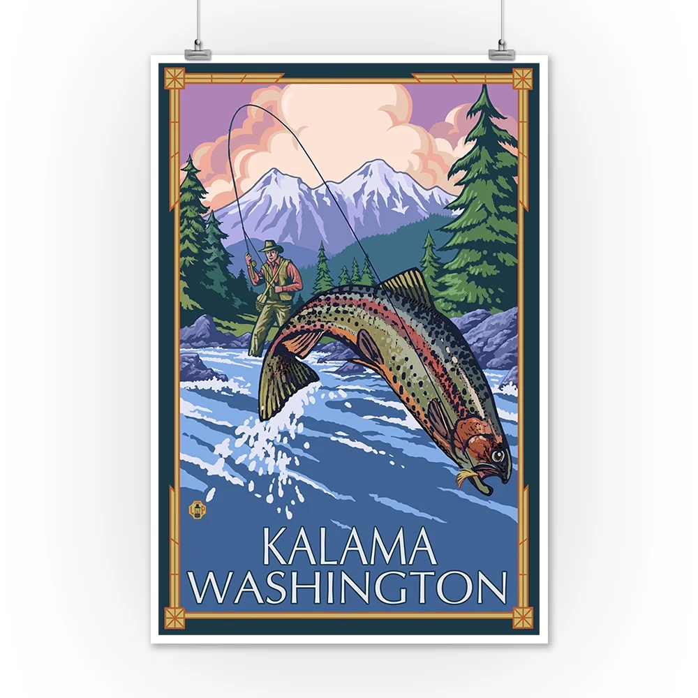 Kalama, WA, Angler Fly Fishing Scene (Leaping Trout) (12x18 Wall Art Poster, Room Decor)