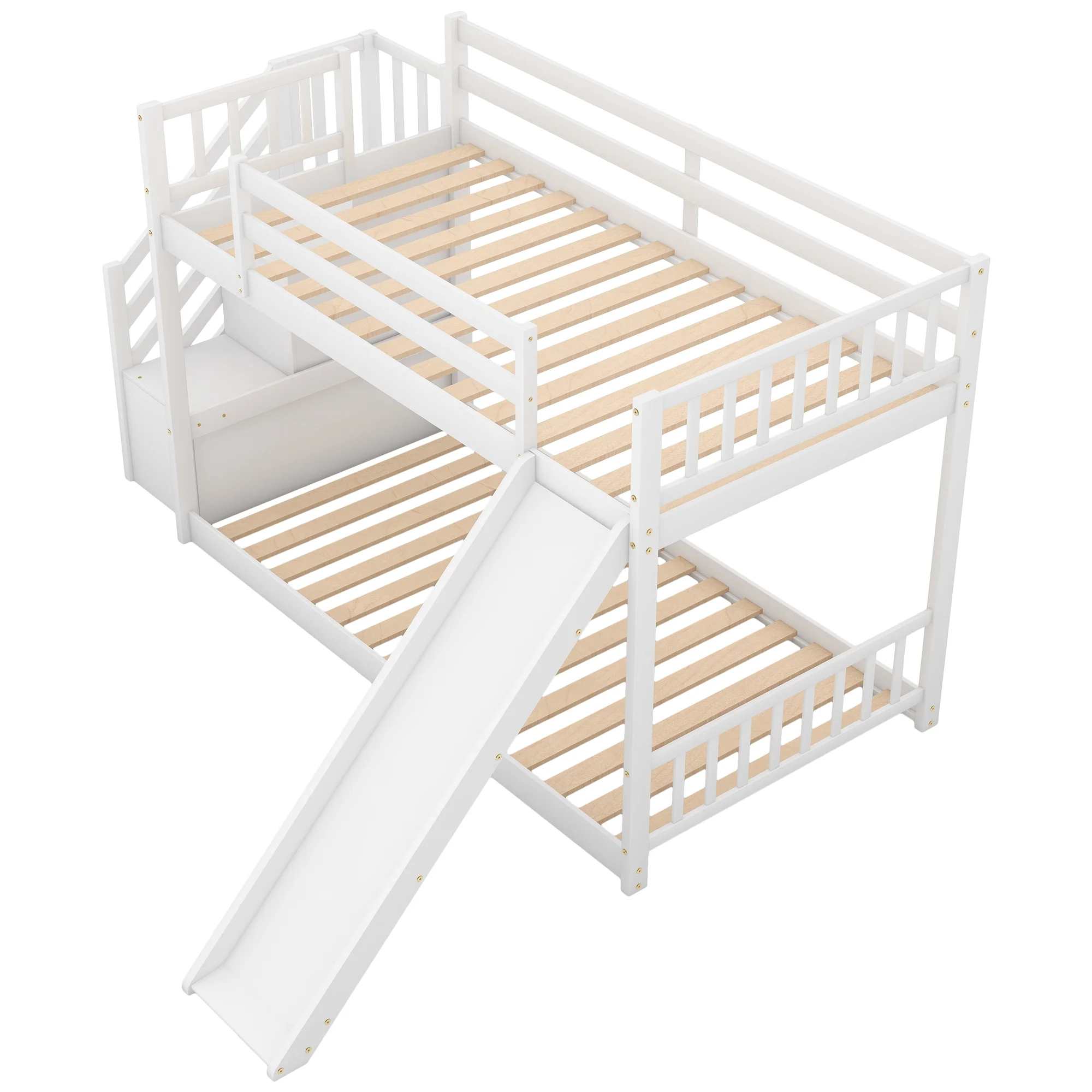 White Twin over Twin Bunk Bed with Convertible Slide and Stairway