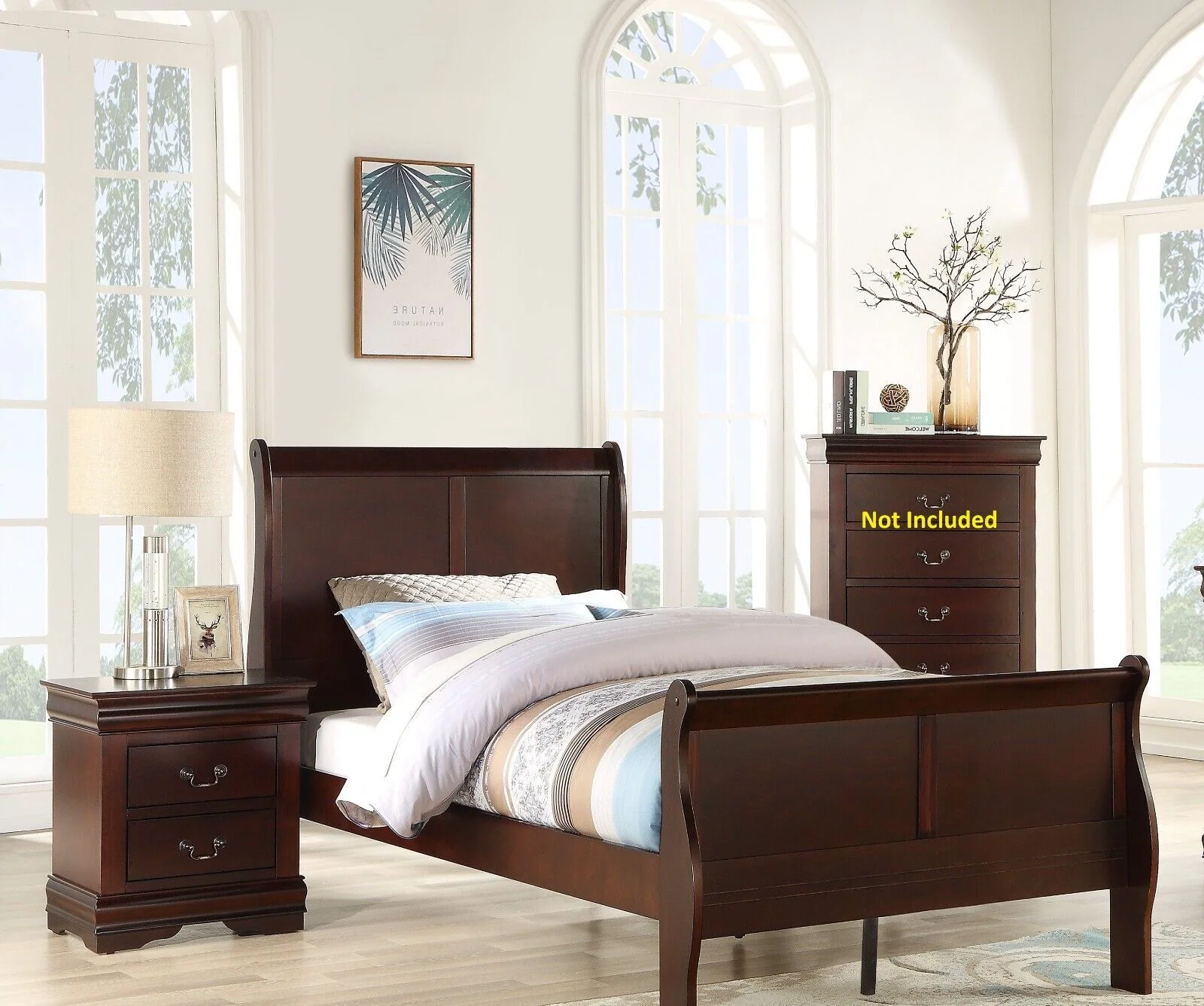 3pc Louis Philip Collection Transitional Twin Size Bedroom Set Panel Bed and 2x Nightstands Cherry Brown Finish Wooden Furniture