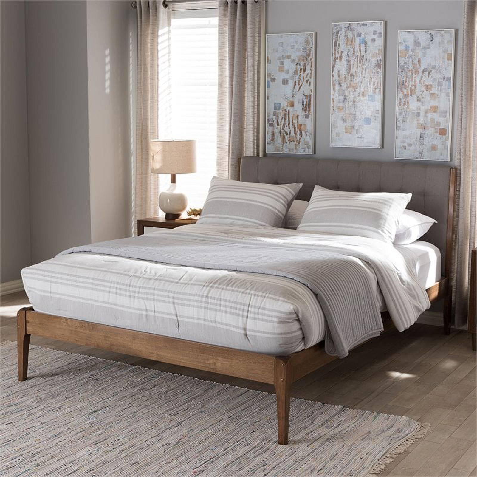 Bowery Hill Mid-century King Platform Bed in Light Gray and Brown