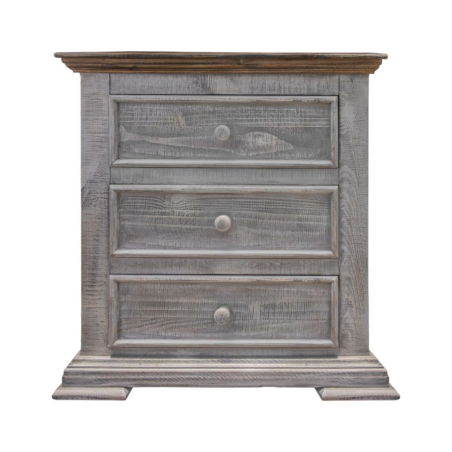 BenJara Zen 32 Inch Nightstand, 3 Drawers, Dual Tone, Gray, Solid Brown Pine Wood