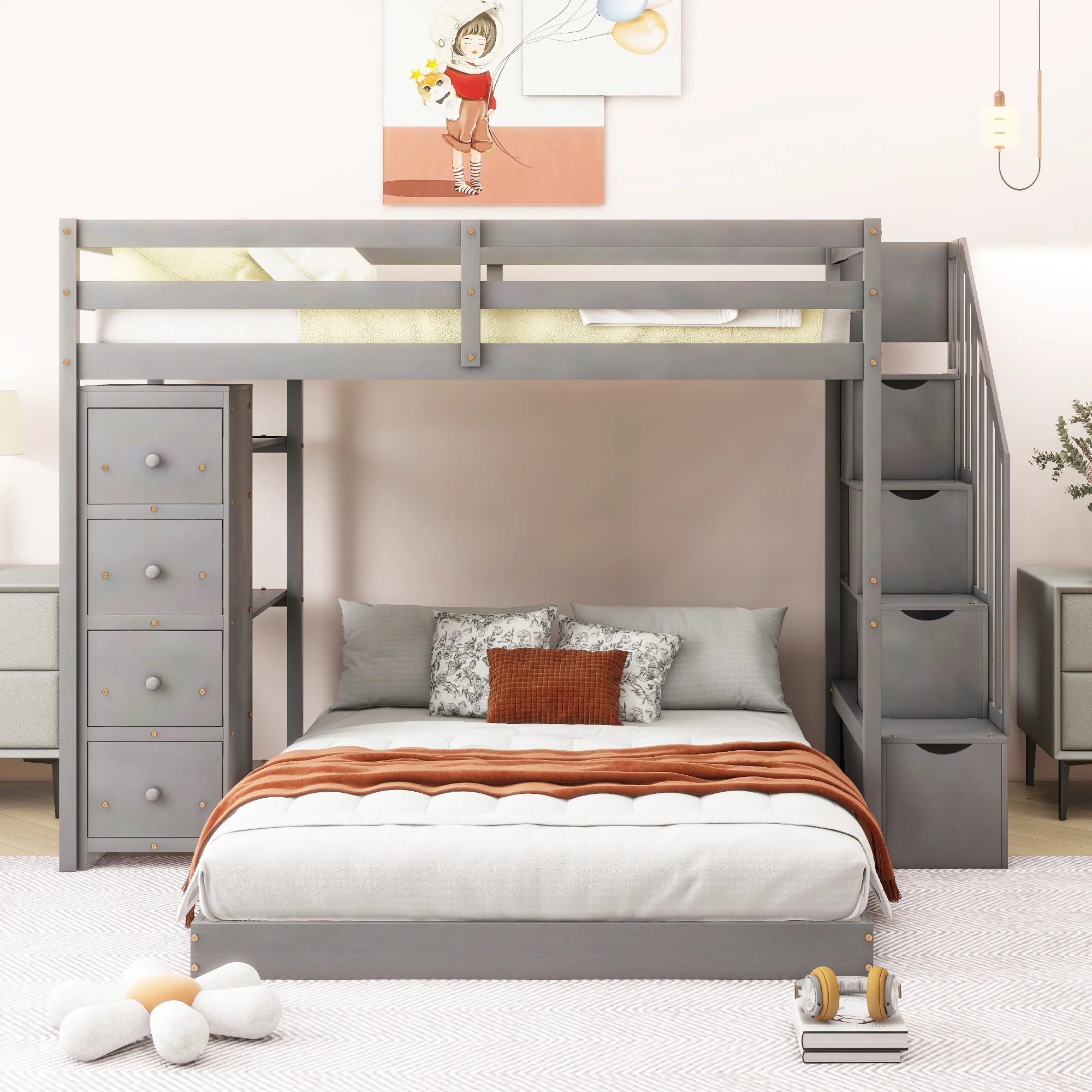 CoSoTower Twin Over Full Bunk Bed with 3-Layer Shelves, Drawers and Storage Stairs, Gray