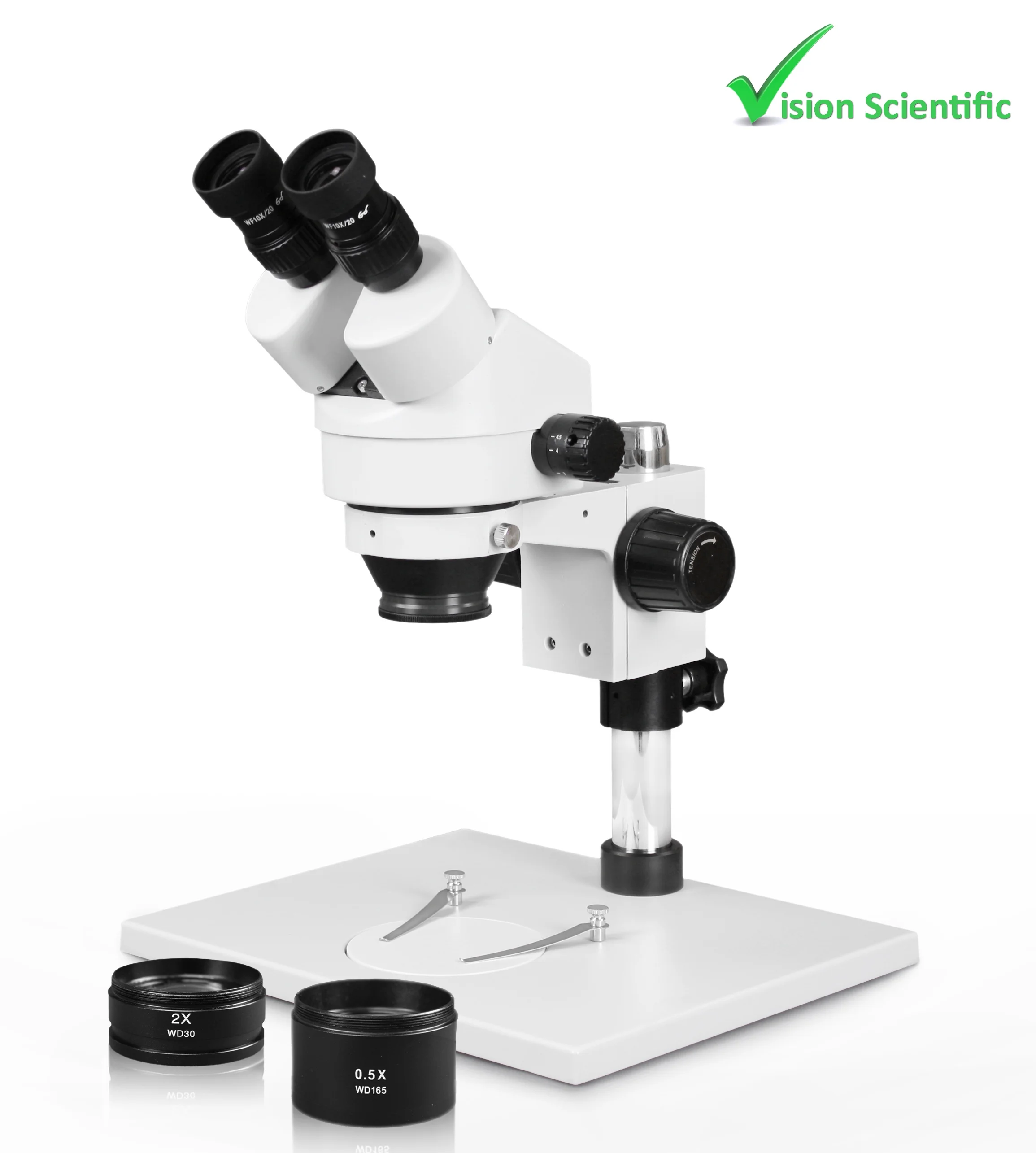 Vision Scientific VS-1AEZ Binocular Zoom Stereo Microscope, 10x WF Eyepiece, 0.7x—4.5x Zoom, 3.5x—90x Magnification, 0.5x & 2x Auxiliary Lens, Pillar Stand with Large Base