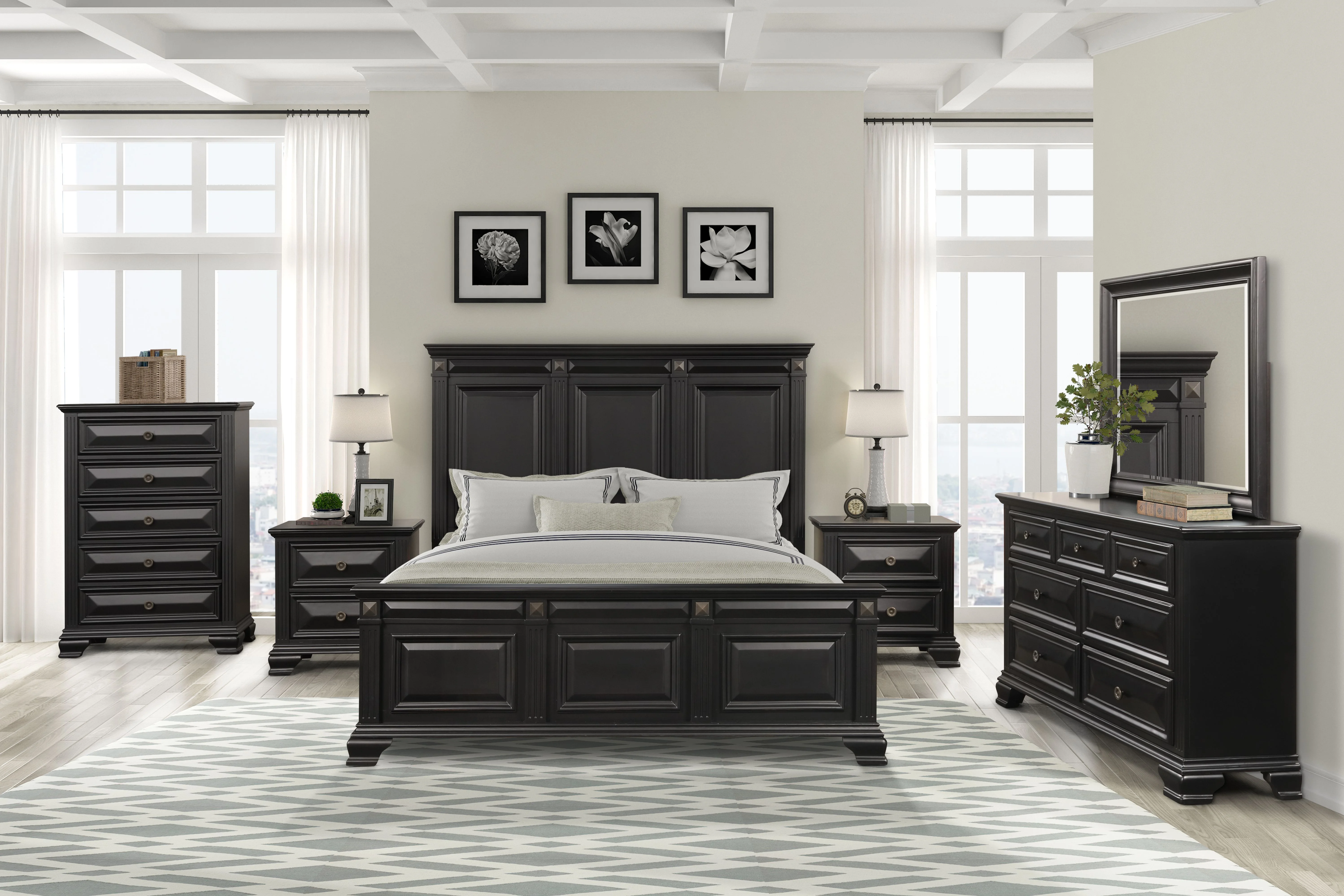 Renova Vintage Black Wood Bedroom Set, Queen Panel Bed, Dresser, Mirror, Two Nightstands, Chest