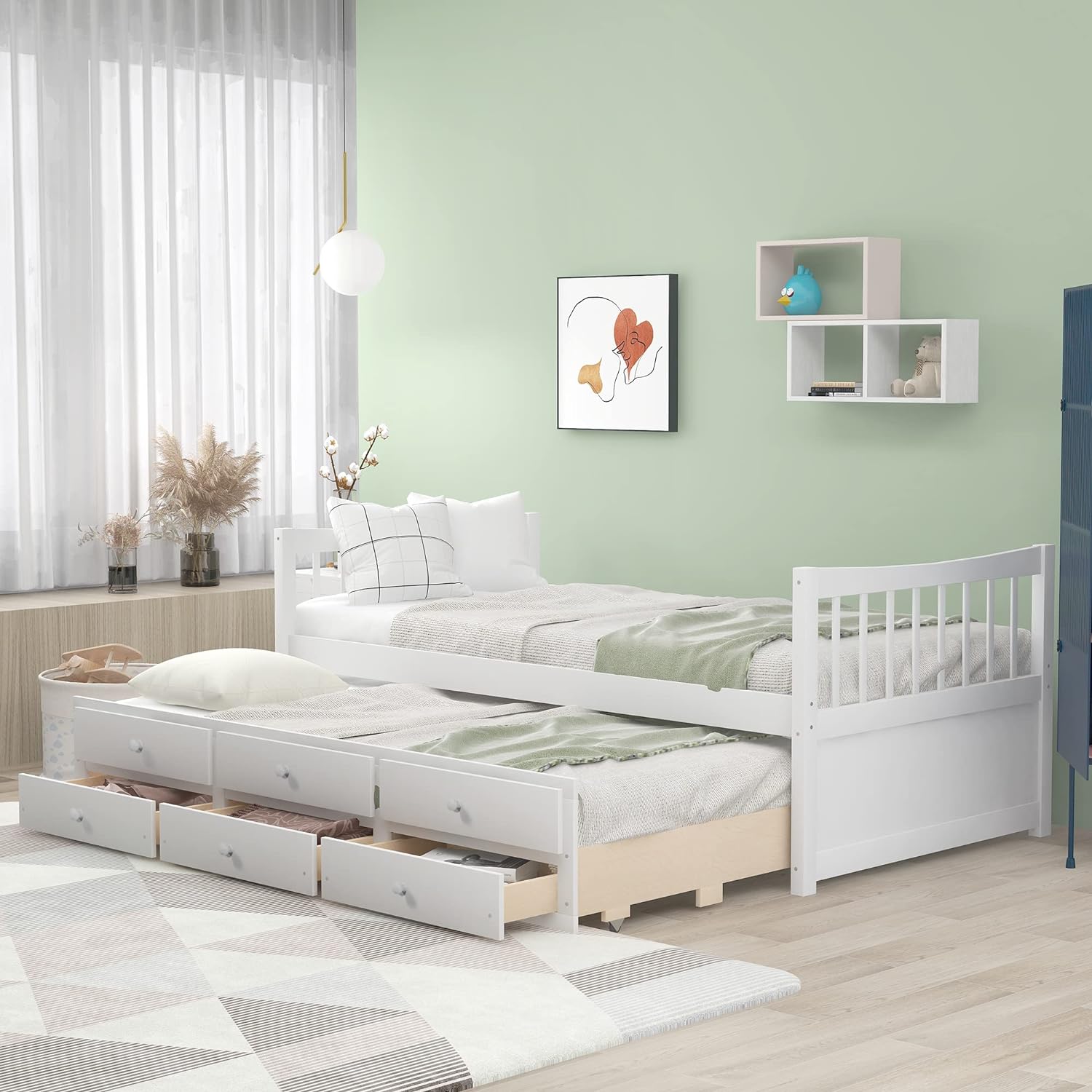 Bed Trundle Daybed With Storage Drawers, Wooden Platform Bed Frame For Kids Guests ( Size, White)