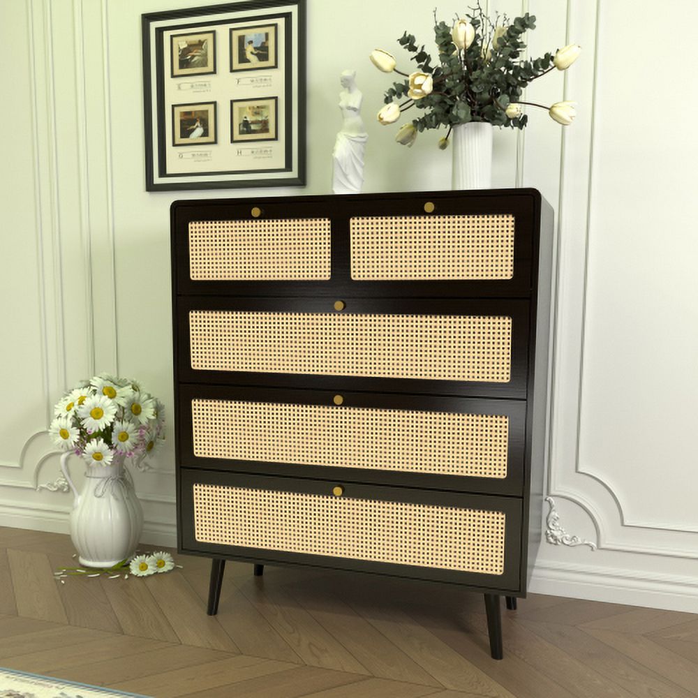 4 Drawer Dresser, Modern Rattan Dresser Chest with Wide Drawers and Metal Handles, Farmhouse Wood Storage Chest of Drawers for Bedroom, Living Room, Hallway, Entryway