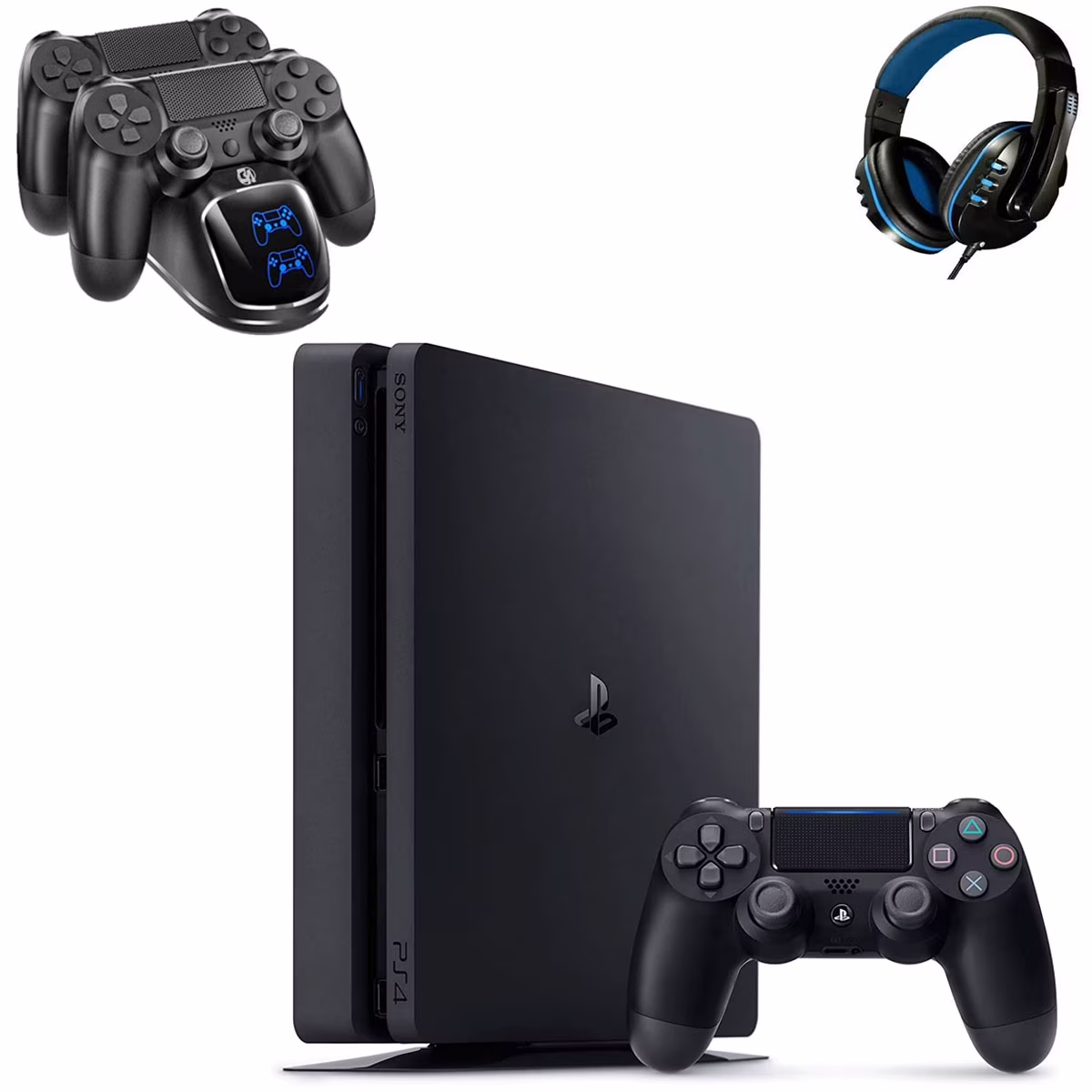 Sony 2215A PlayStation 4 Slim 500GB Gaming Console Black with Charging Dock Headset Bolt Axtion Used