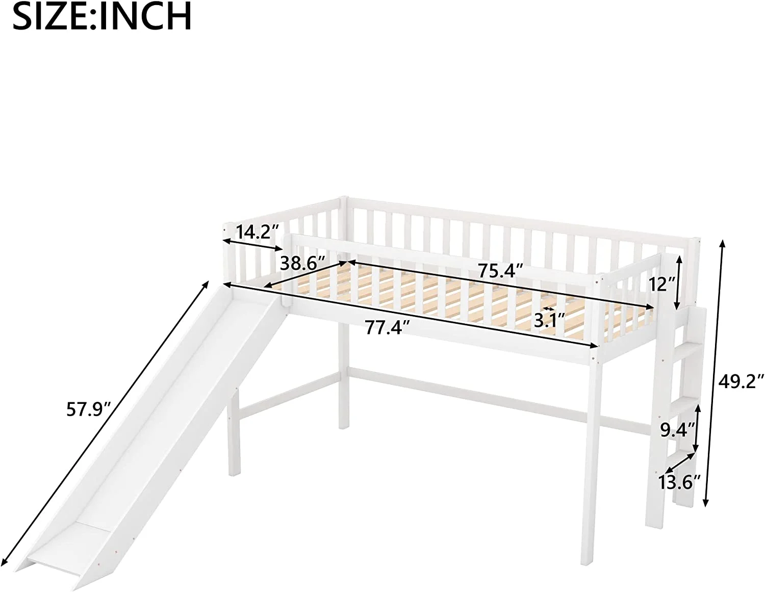 OUWI Twin Size Loft Bed for Kids,Low Loft Bed with Slide and Ladder,Wood Loft Bed Twin for Girls Boys,White