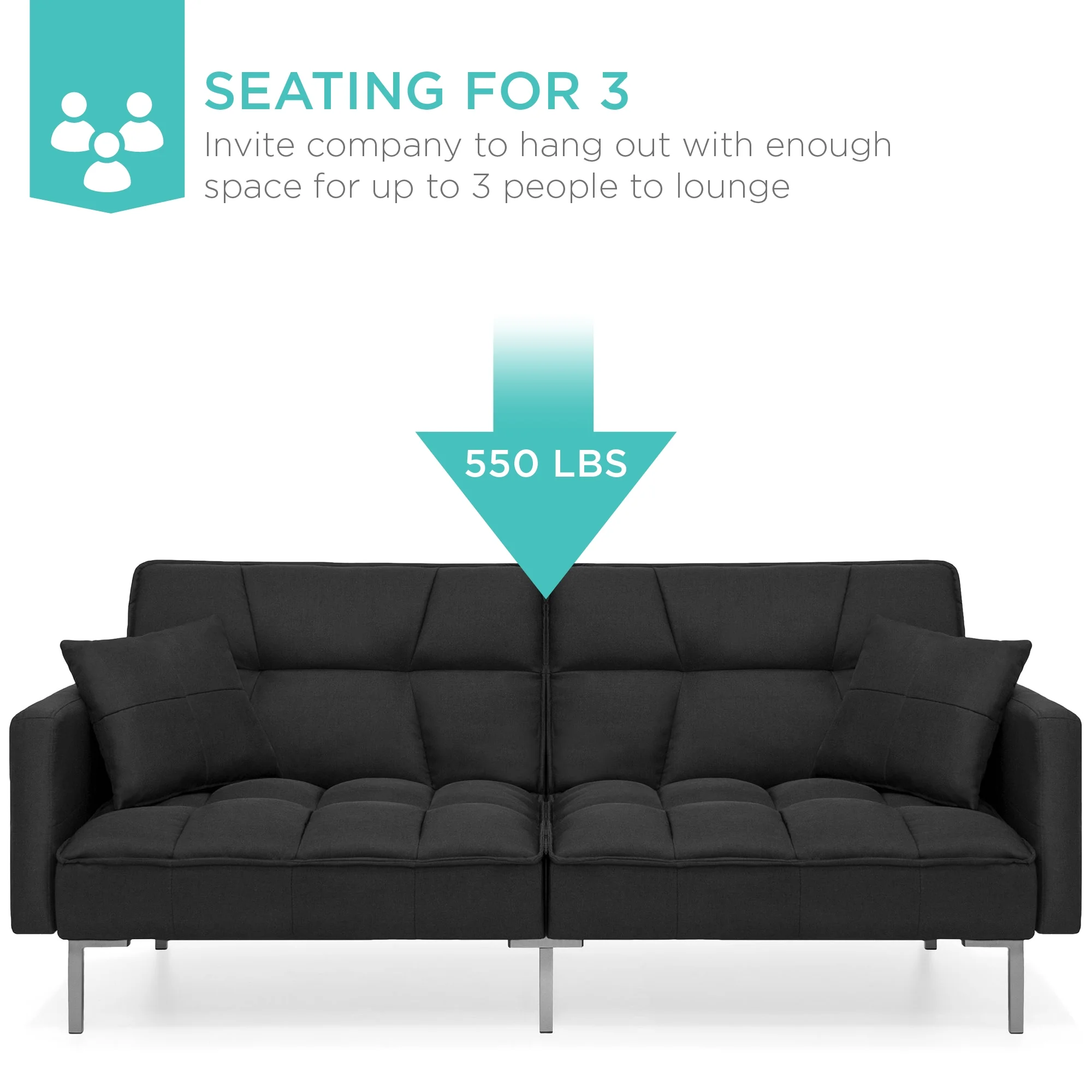 Best Choice Products Convertible Living Room Linen Fabric Tufted Split-Back Futon Sofa w/ 2 Pillows - Black