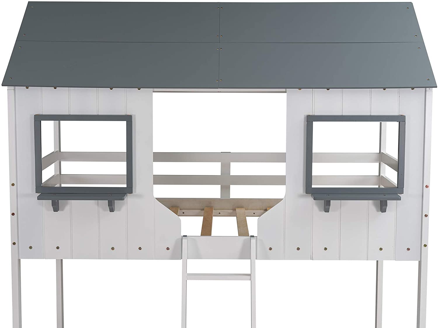 Churanty Twin Over Twin Wooden House Bed, Bunk Bed with Playhouse,White