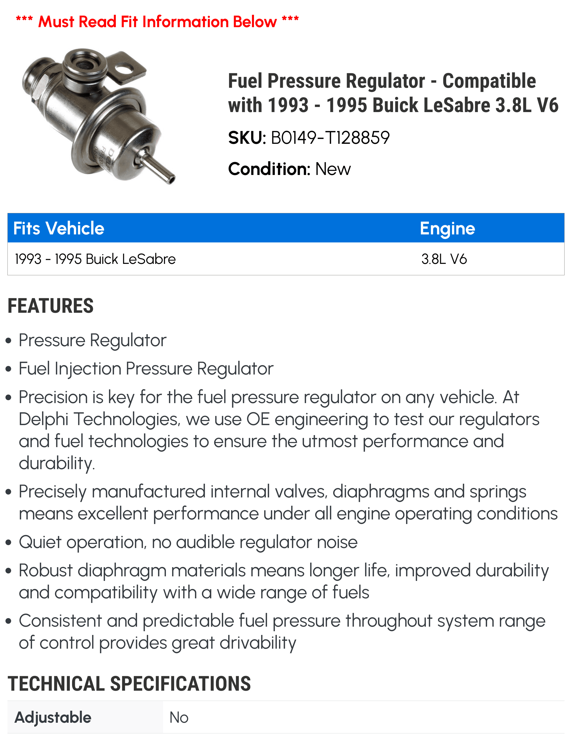 Fuel Pressure Regulator - Compatible with 1993 - 1995 Buick LeSabre 3.8L V6 1994