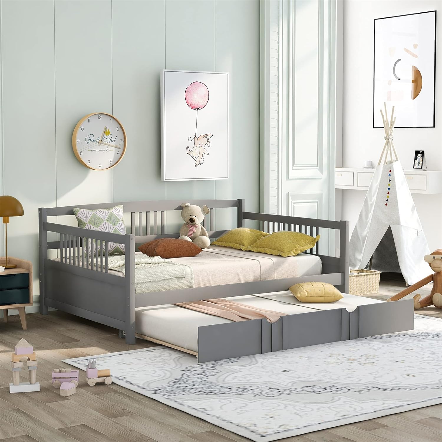 Full Size Daybed, Daybed Wih A rudle, Wood Bed Frame Wih Size rudle Bed For Kids/Gues Bedroom, o Box Sprig Required, Grey