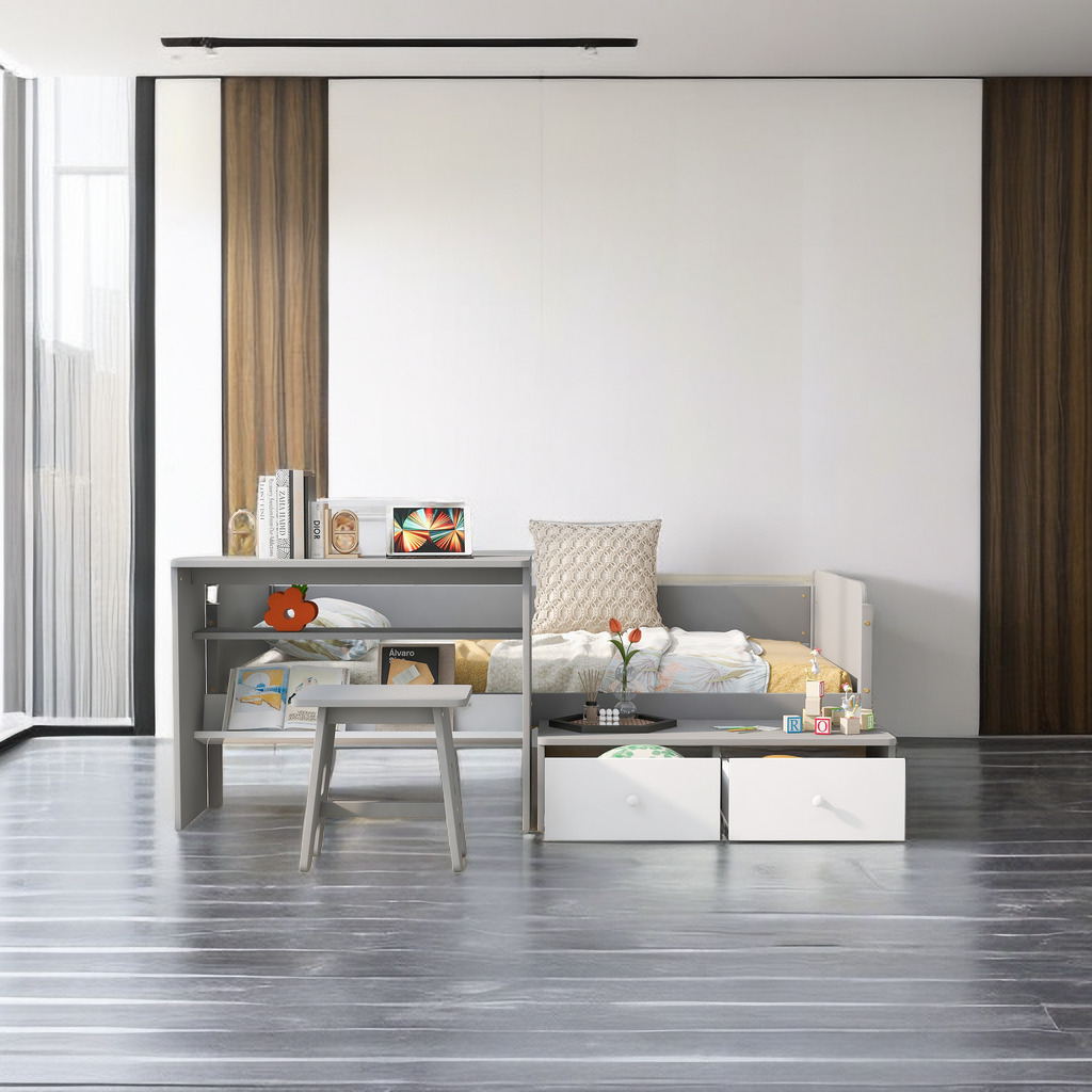 Twin Size Platform Bed with 2 Drawers and 1 Chair&Desk Set, Solid Wood Daybed Frame for Kids, Teens, Boys, Girls