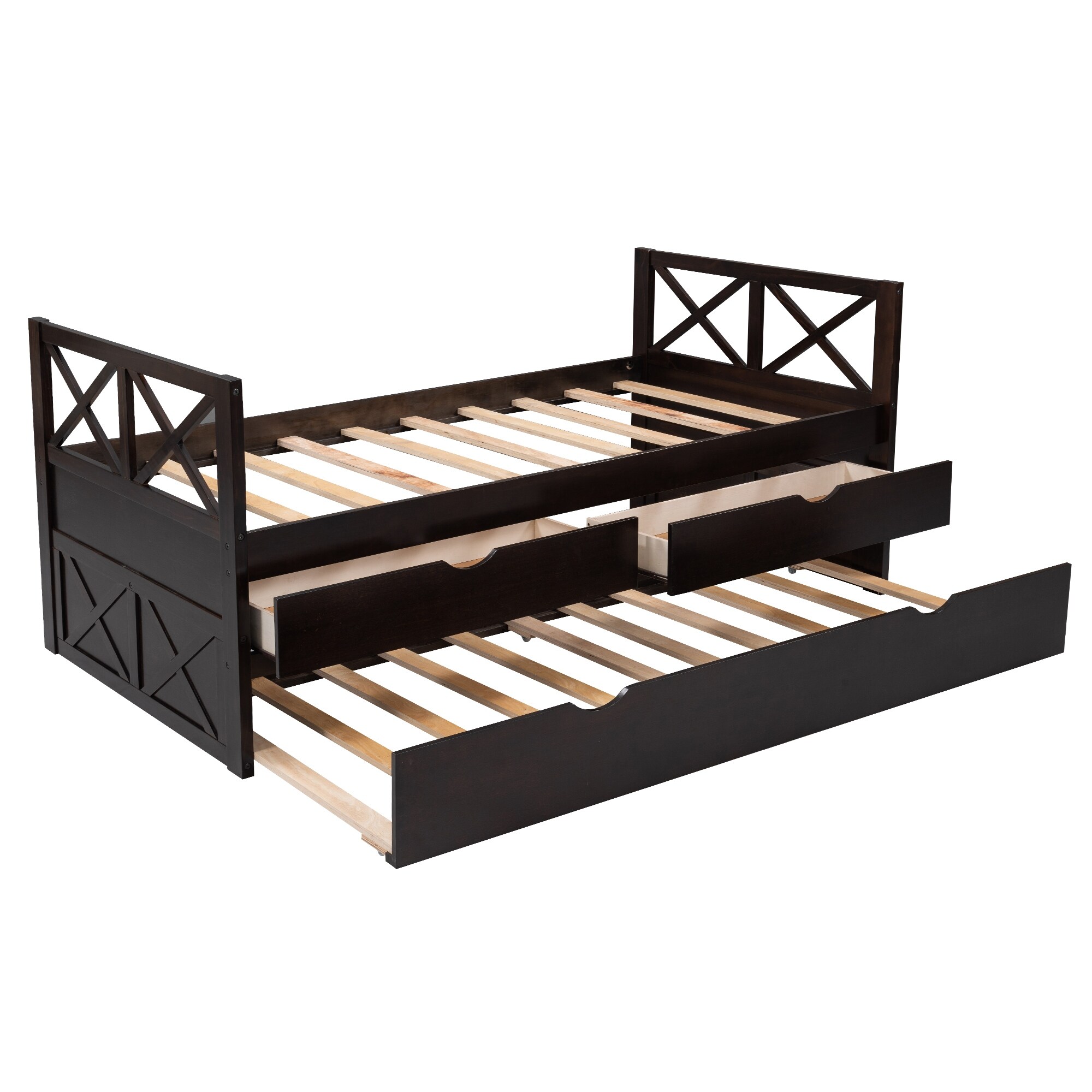 Espresso Rustic Style Multi-Functional Solid Pine Wood Daybed with Two Large Drawers and Extra Trundle, Assembly Required