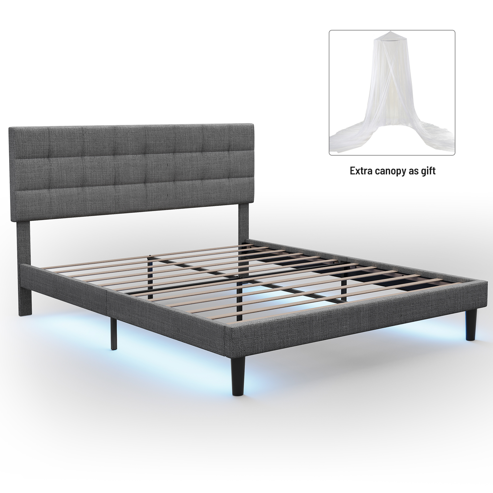 OWSOO Upholstered Queen Size Platform Bed Frame with RGB Stripe Linen Fabric Height Adjustable Headboard No Box Spring Needed GRAY