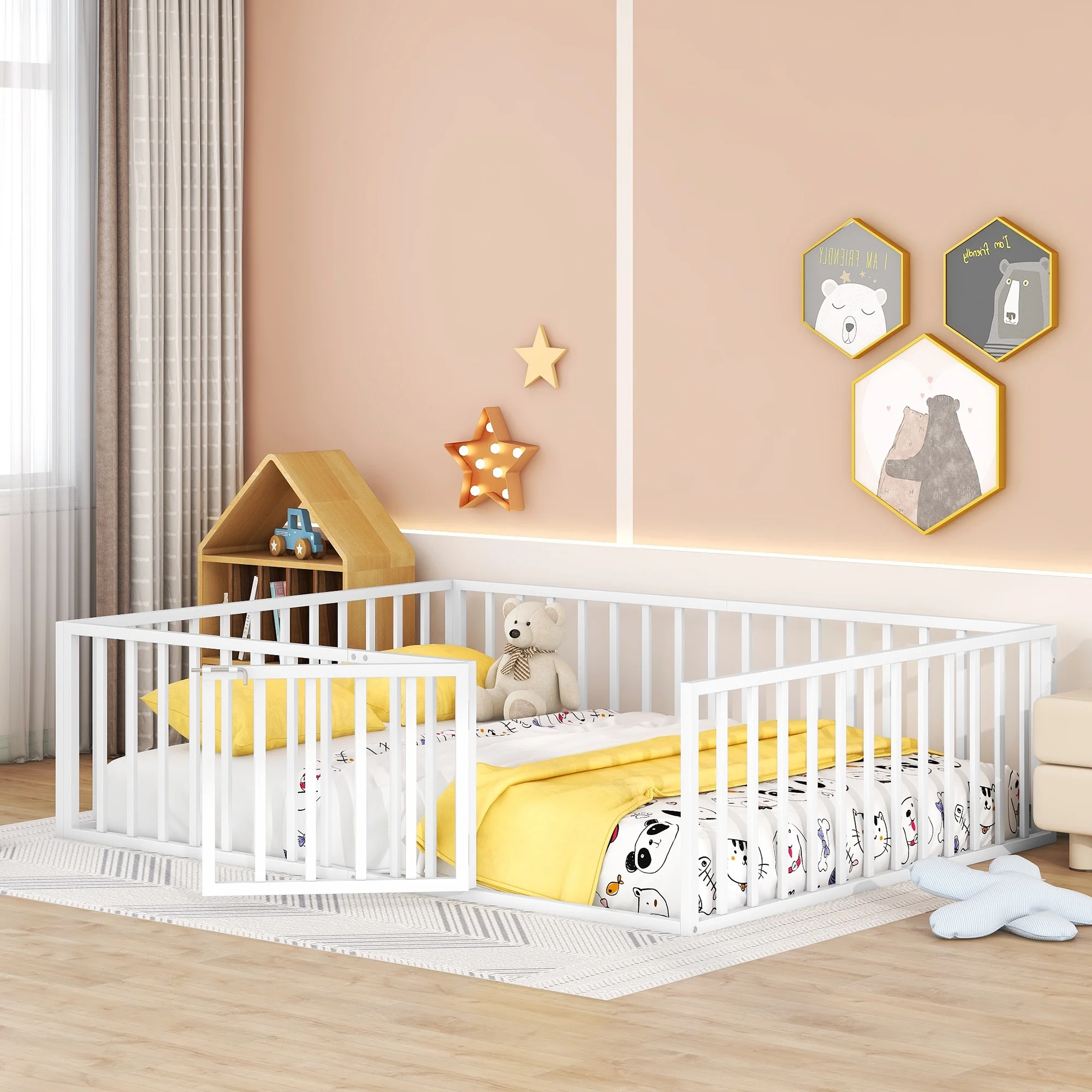 CoSoTower Queen Size Metal Floor Bed Frame with Fence and Door, White