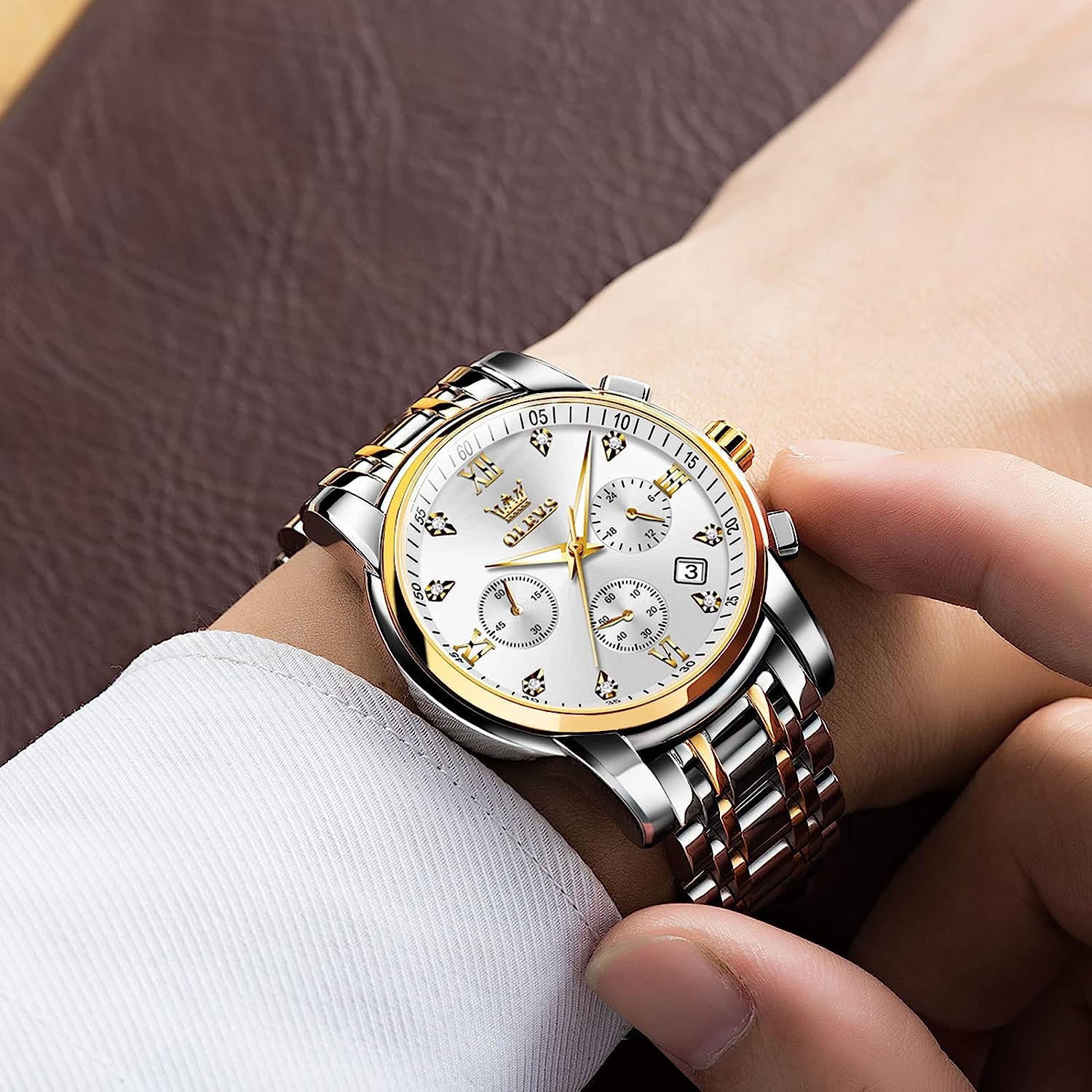OLEVS Men Wrist Watches, Analog Quartz Business Stainless Steel Waterproof Luminous Watches Luxury Casual Classic Big Diamond Gold Silver Dial Date Chronograph Watches for Men