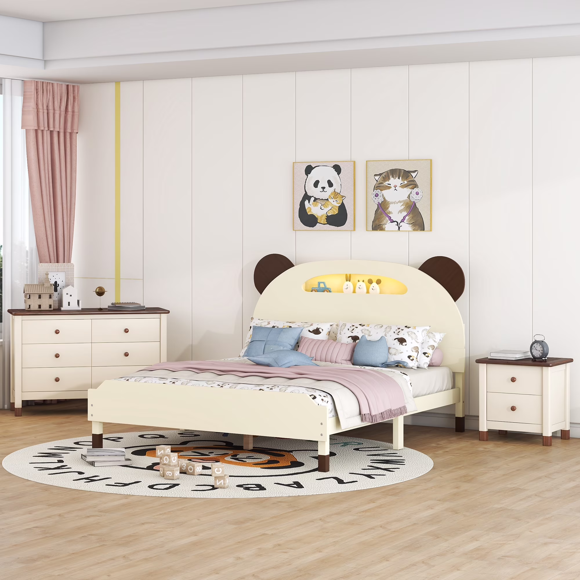 CoSoTower 3-Pieces Bedroom Sets Full Size Bear-Shape Platform Bed with Nightstand and Storage Dresser,Cream+Walnut