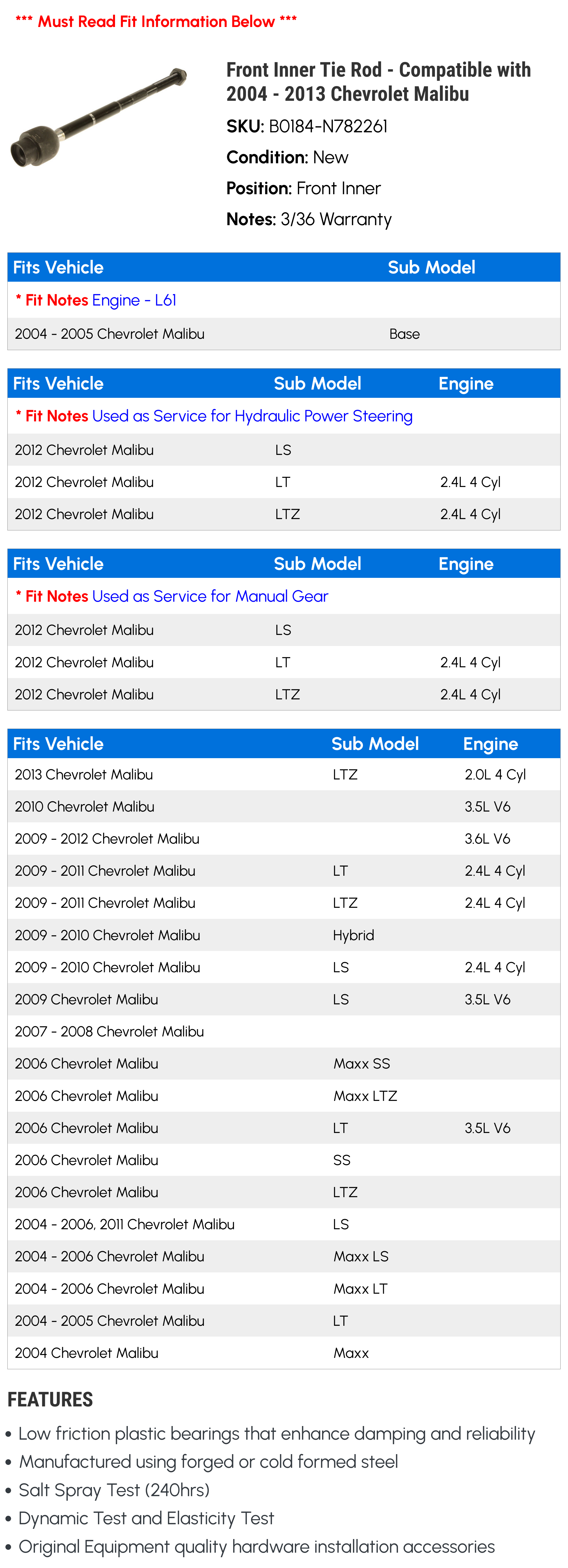 Front Inner Tie Rod - Compatible with 2004 - 2013 Chevy Malibu 2005 2006 2007 2008 2009 2010 2011 2012