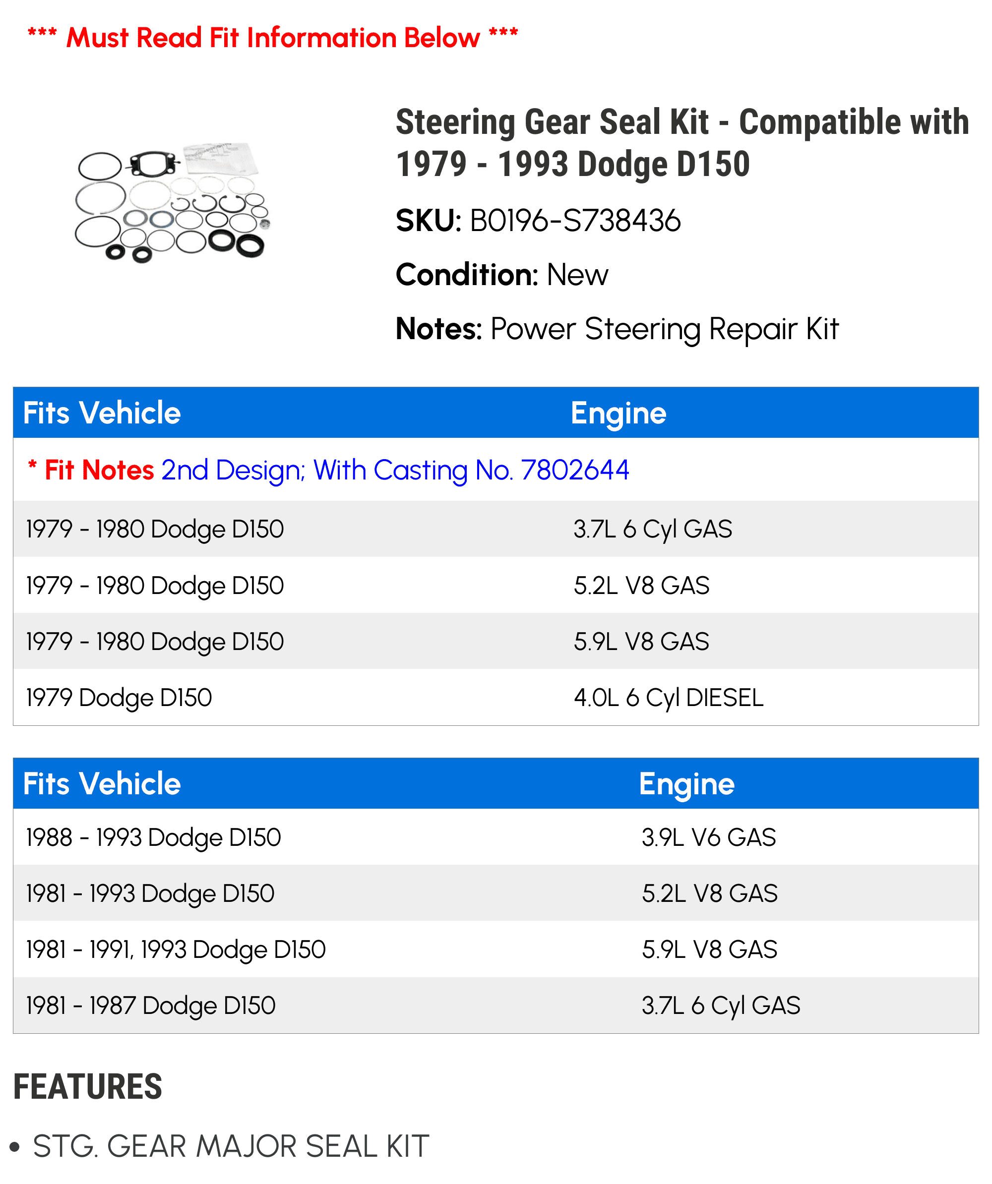 Steering Gear Seal Kit - Compatible with 1979 - 1993 Dodge D150 1980 1981 1982 1983 1984 1985 1986 1987 1988 1989 1990 1991 1992