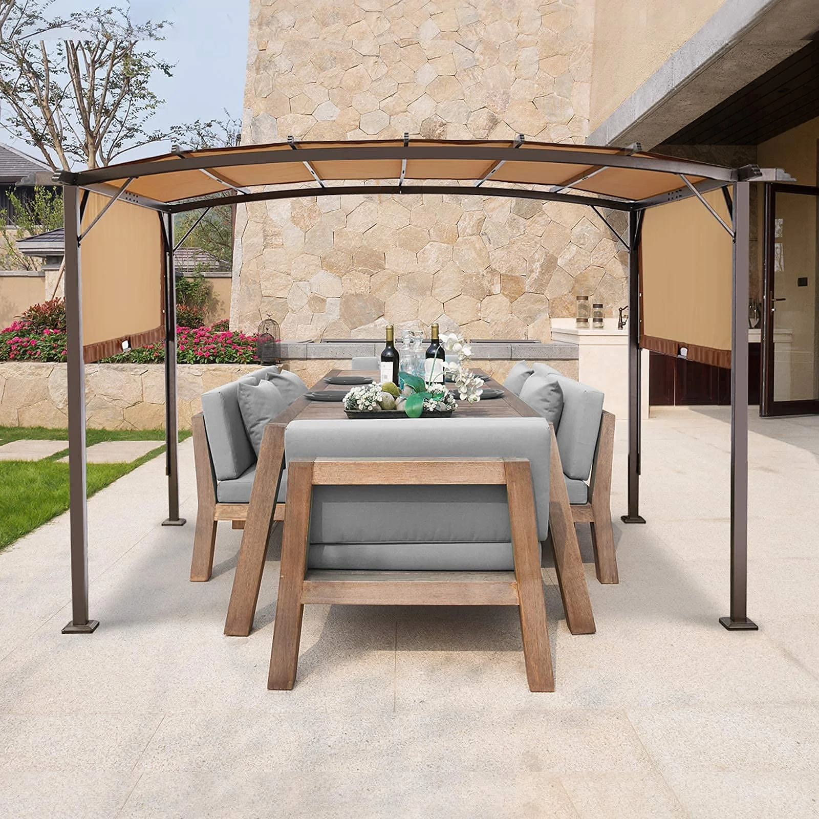 YODOLLA 11.8ft X 9.3ft Pergola Kit Aluminum Frame Gazebo &Canopy Cover Beige