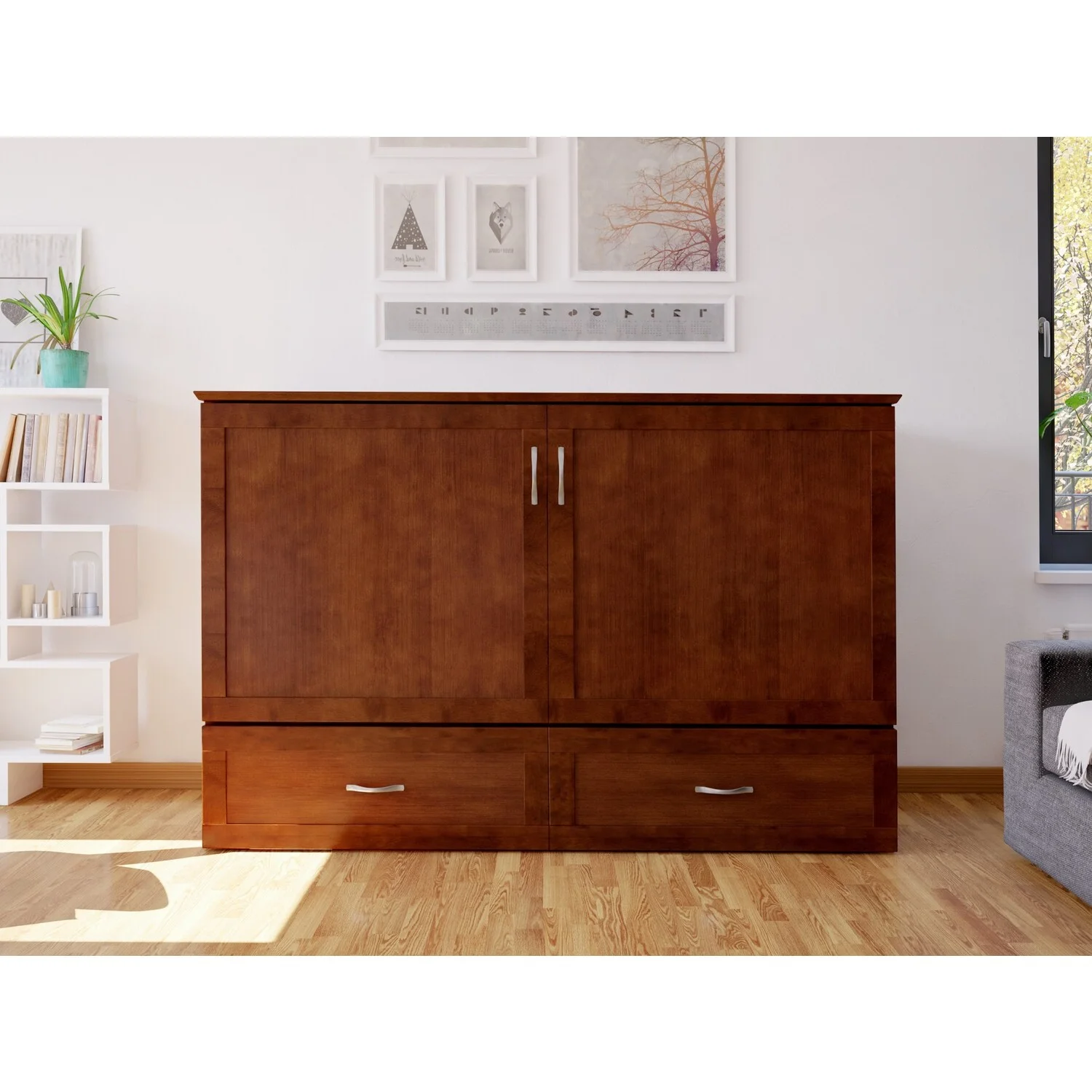 AFI Hamilton Murphy Modern Wood Full Bed Chest with Mattress in Walnut