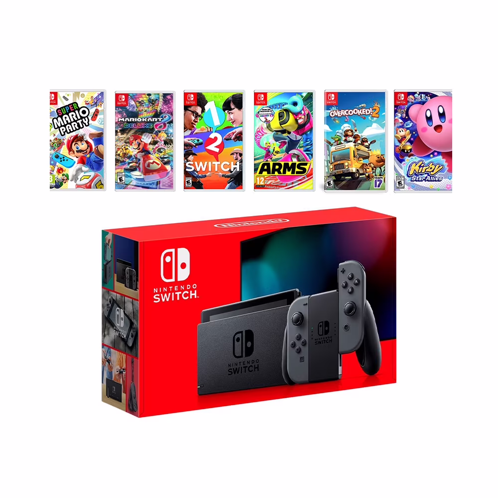 2019 New Nintendo Switch Gray Joy-Con Console Multiplayer Party Game Bundle, Super Mario Party, Mario Kart 8 Deluxe, 1-2 Switch, Arms, Overcooked 2, Kirby Star Allies