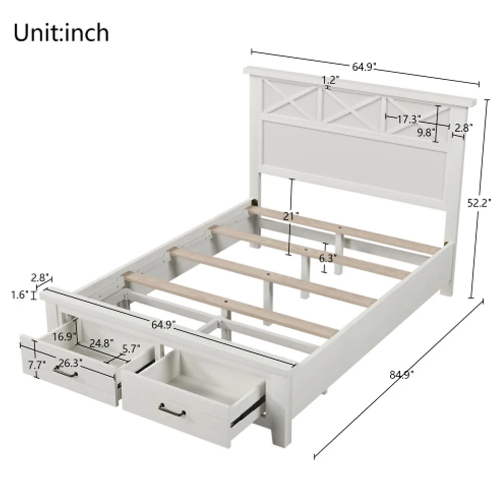 Rustic Farmhouse Style Whitewash Queen Storage Panel Bed with Two Drawers, White