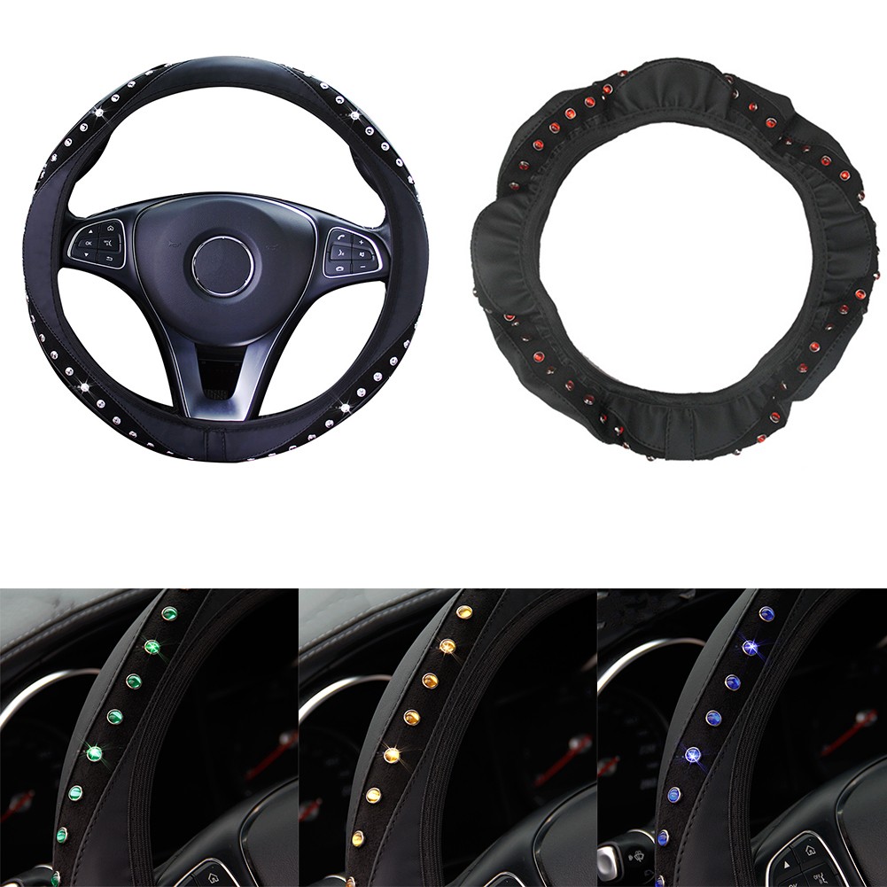 Gerich 15\'\'Car Steering Wheel Cover Leather Bling Rhinestones Protector Accessories