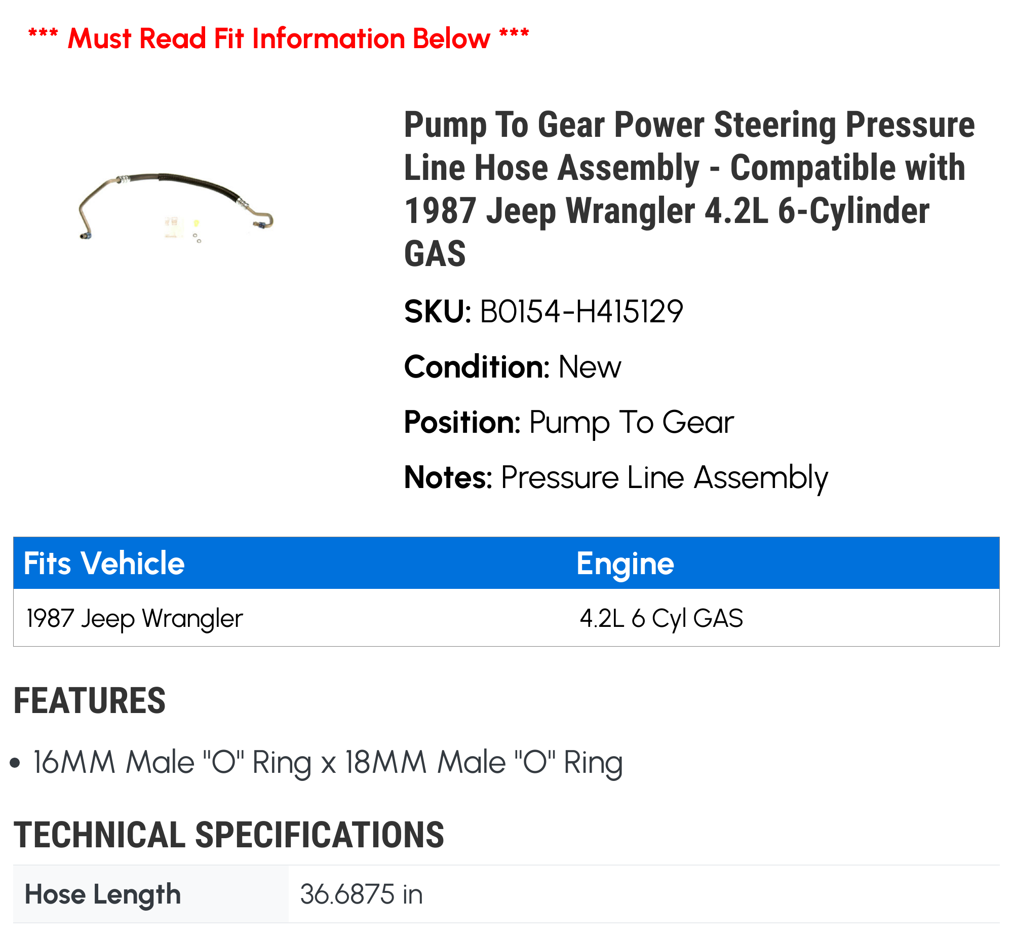 Pump To Gear Power Steering Pressure Line Hose Assembly - Compatible with 1987 Jeep Wrangler 4.2L 6-Cylinder GAS