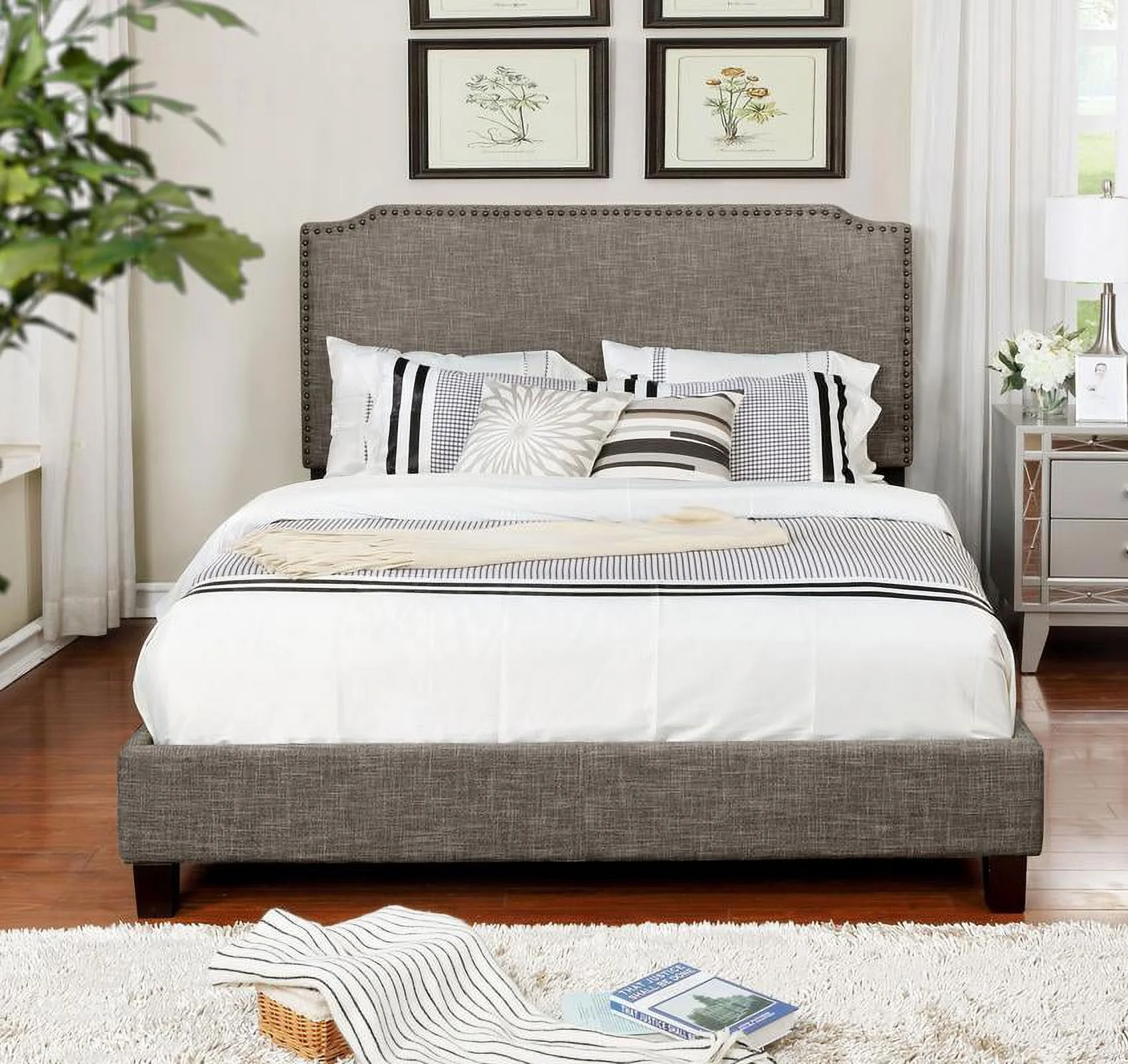 Nathaniel Home Full Size Upholstered Panel Bed with Nailhead Trim, Wood Accents Finish, No Box Spring Required, Brown