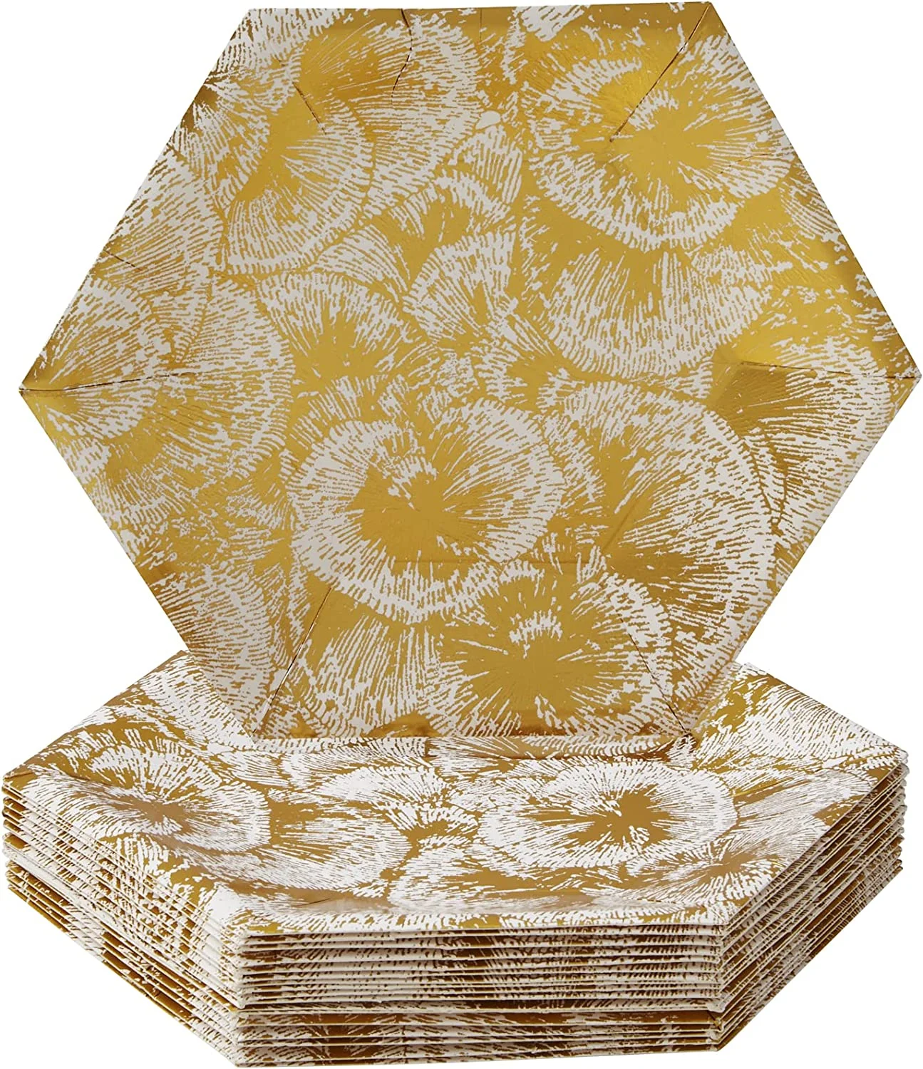 Hexagon Disposable Dinner Plates (18 Pc) Metallic Floral Print Paper Plates, Heavy Duty Paper Plates 10 inch, Gold Party Supplies for Weddings, Great for Birthdays, Baby Showers & Events