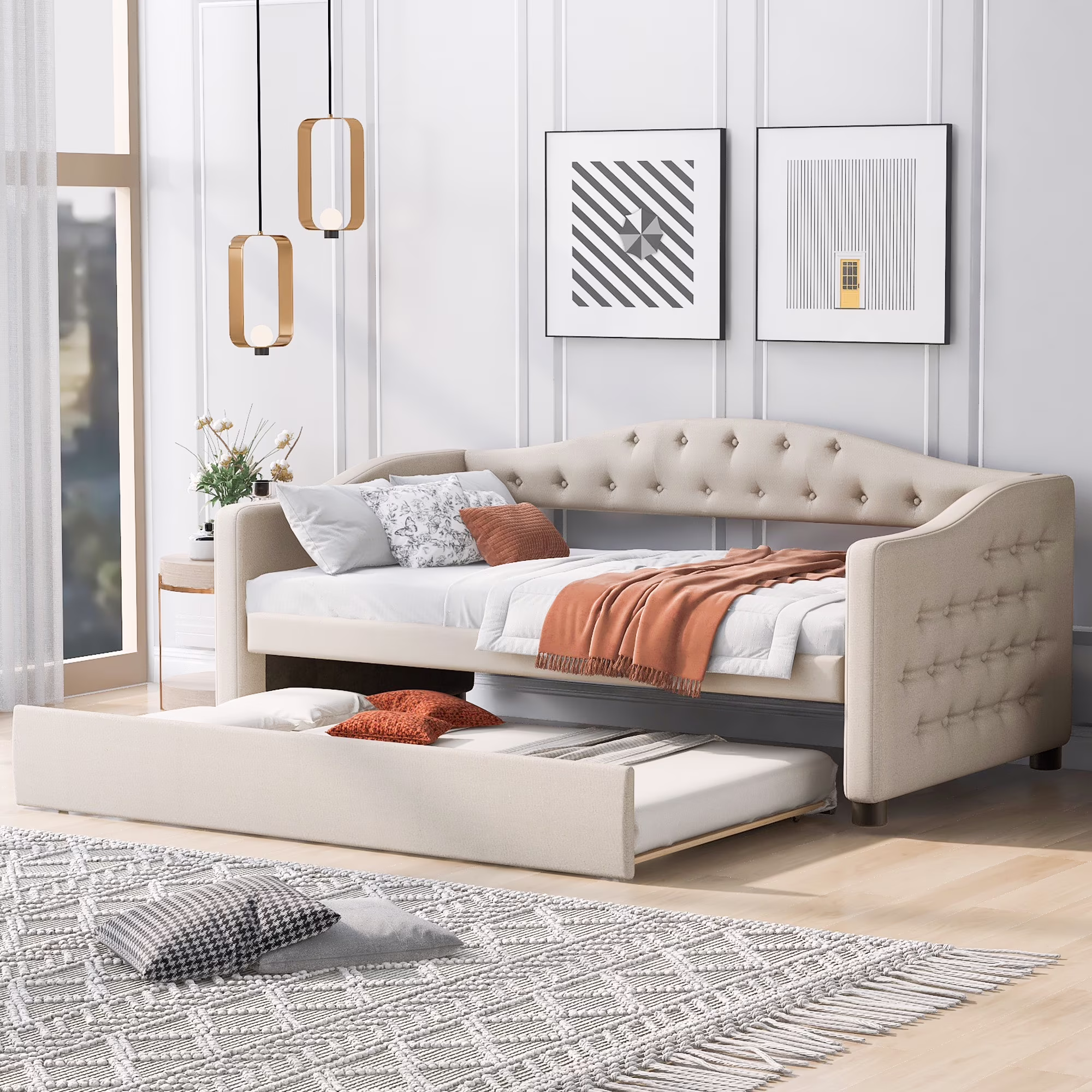 Euroco Upholstery Twin Size Daybed, Wood Tufted Daybed with Trundle for Living Room/Guests Room, No Box Spring Needed, Beige