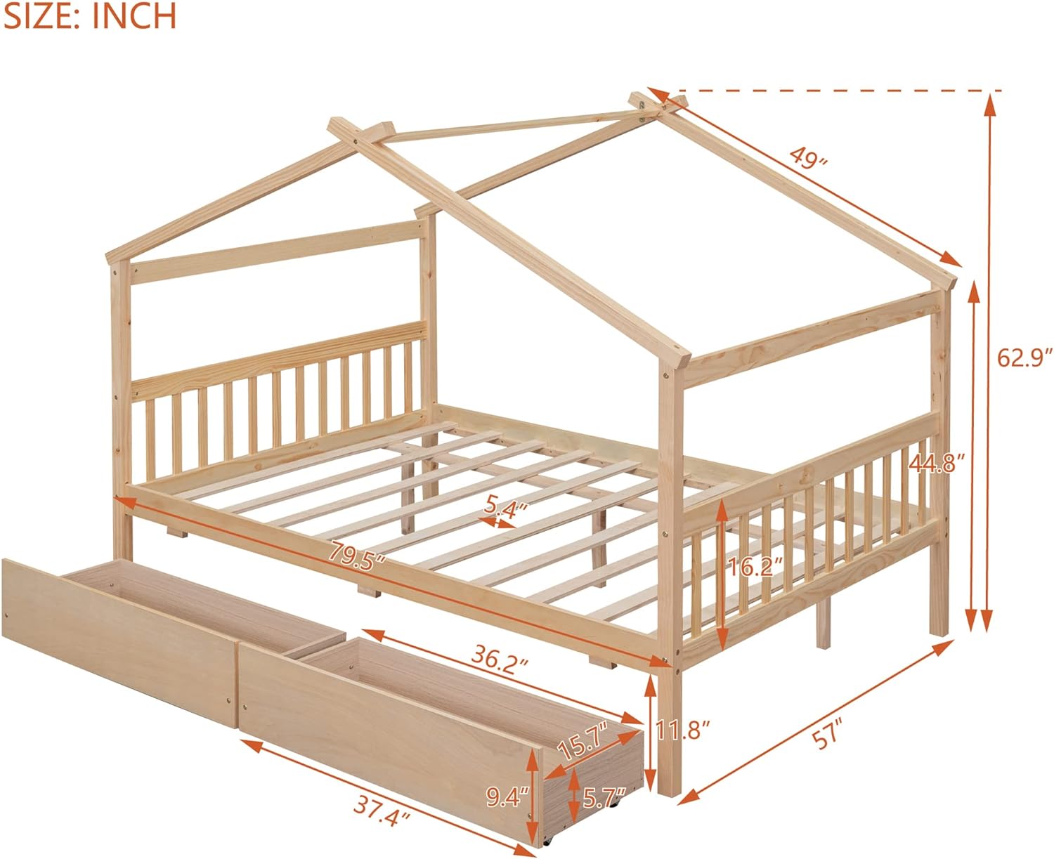 Full Size House Bed With Drawers, Wooden Full Platform Bed Frame With Headboard And Footboard, Roof Design, For Guest Room/Living Room, Natural