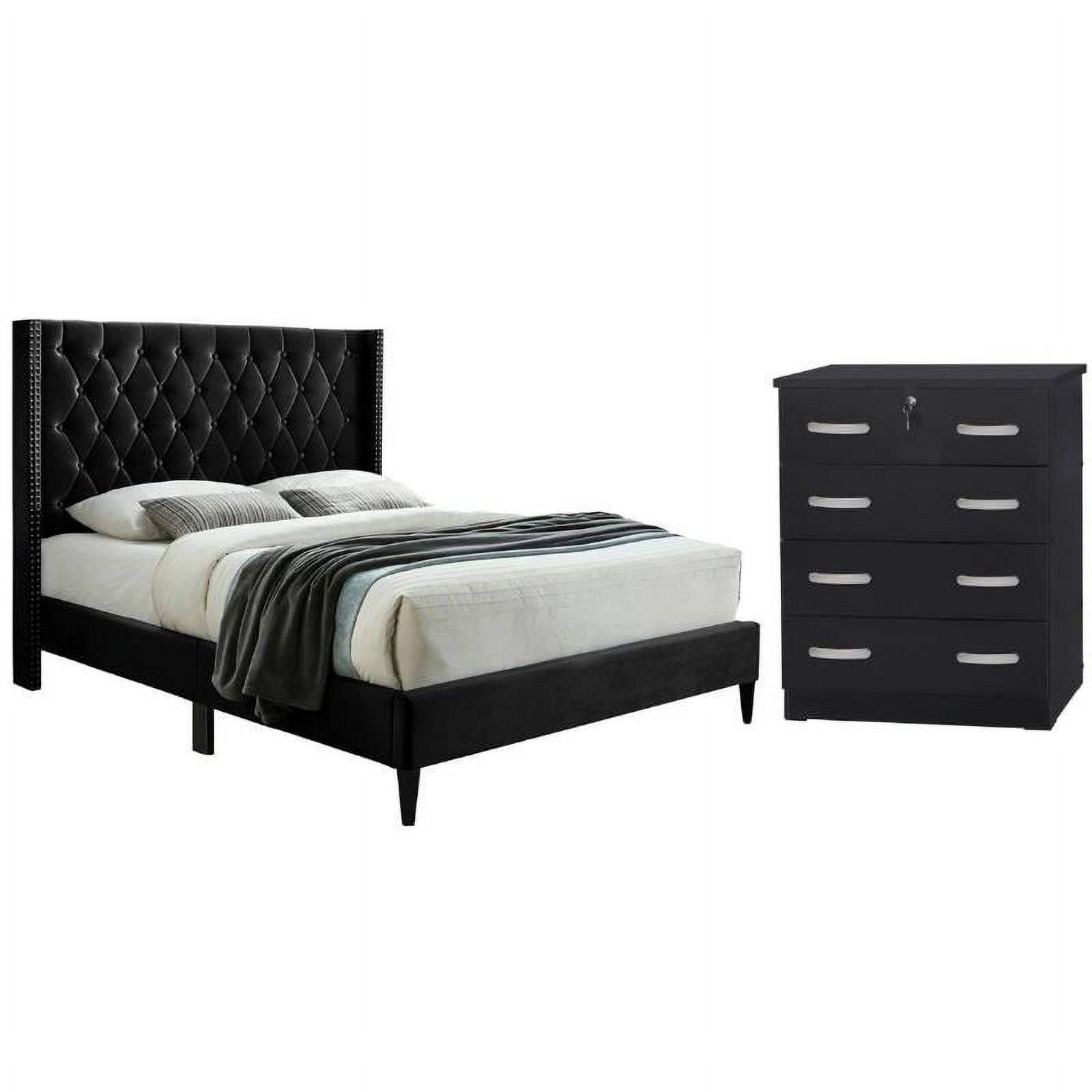 Home Square 2-Piece Set with Tufted Queen Bed & Dresser with Lock in Black